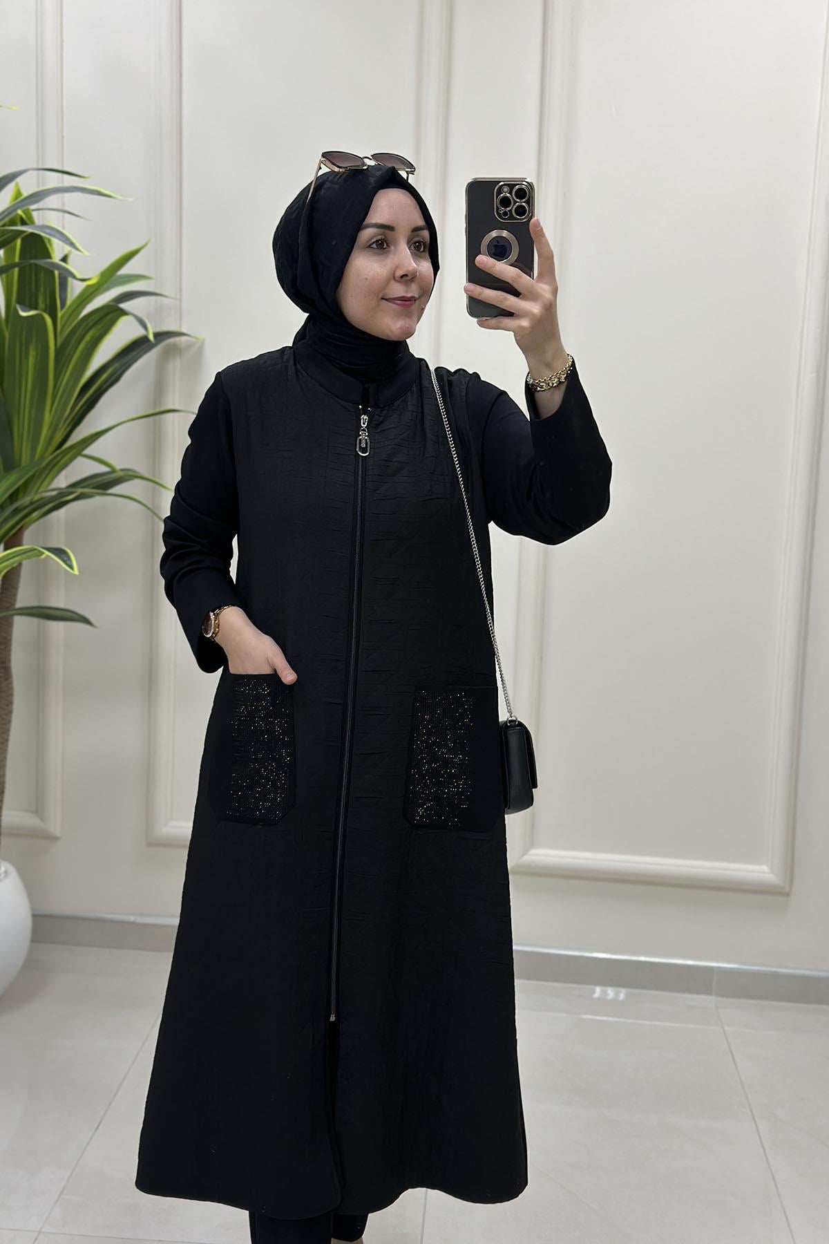 Tesettür Giy Çık KapÖnü Kapitone Arkası Modal Cep Taşlı Kadın Giyçık Kap Siyah HYA 1634