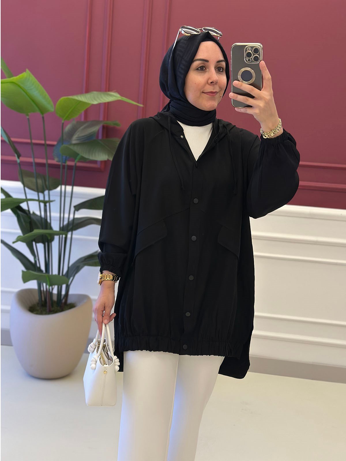 Tesettür Giy Çık KapReglan Kol Ön Etek Ucu Lastikli Kadın Bomber Giyçık Siyah EYL 2221