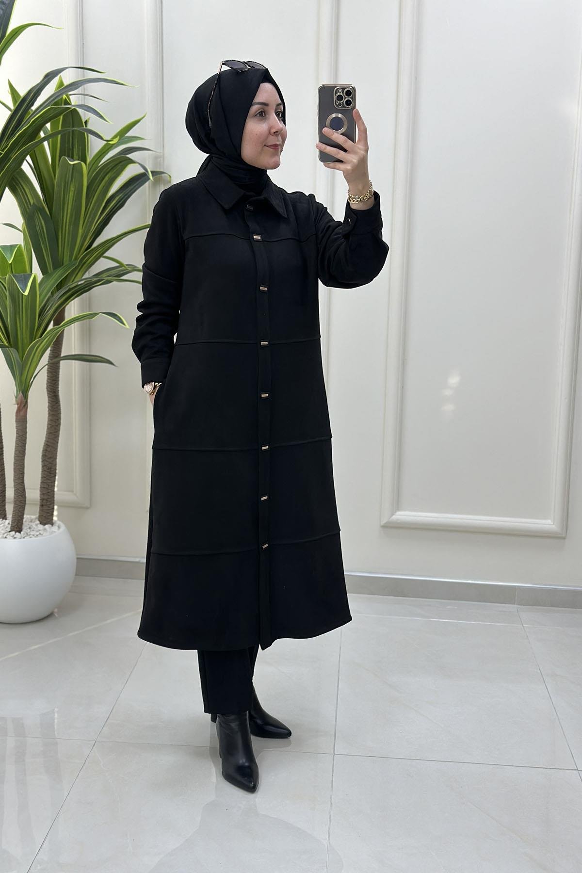 Tesettür Giy Çık KapSüet Önü Çıtçıtlı Kolu Manşetli Kadın Giyçık Kap Siyah BRL 7210