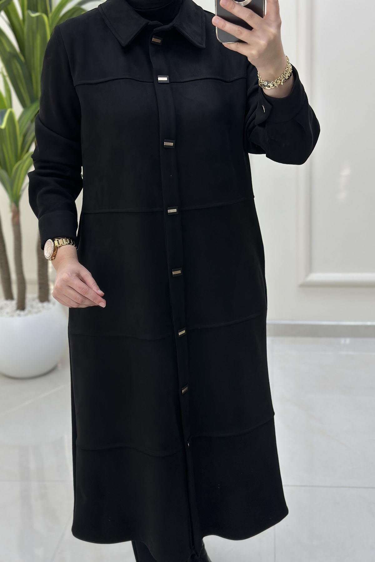 Tesettür Giy Çık KapSüet Önü Çıtçıtlı Kolu Manşetli Kadın Giyçık Kap Siyah BRL 7210