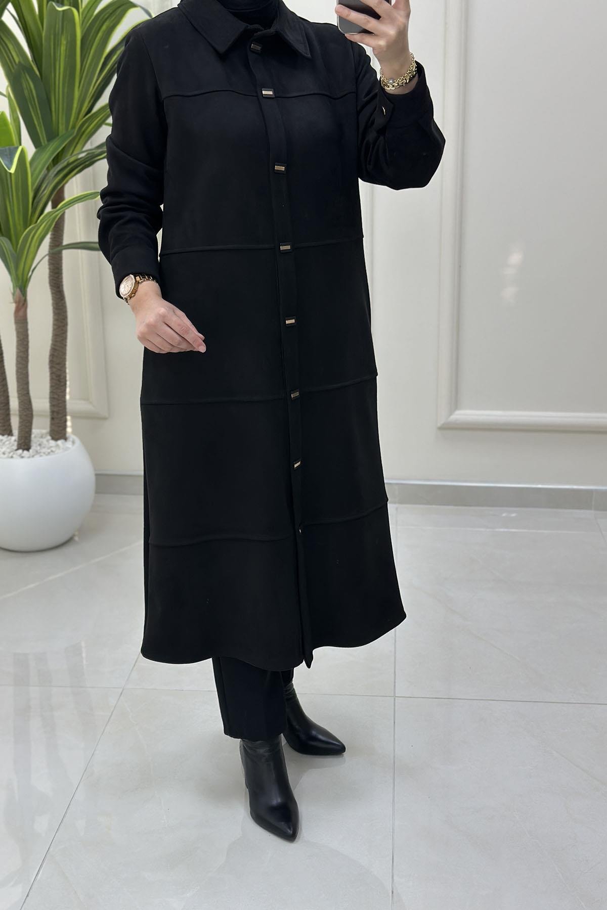 Tesettür Giy Çık KapSüet Önü Çıtçıtlı Kolu Manşetli Kadın Giyçık Kap Siyah BRL 7210