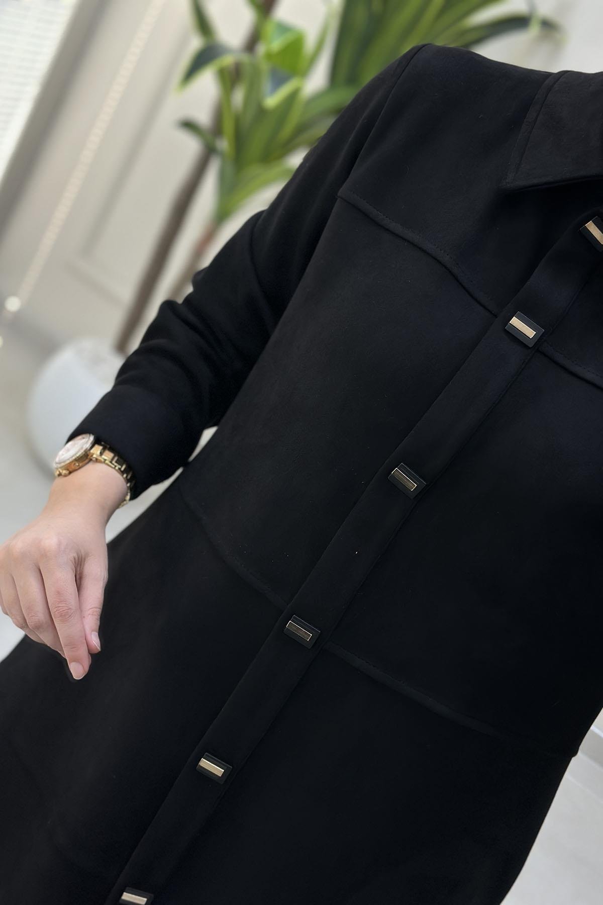 Tesettür Giy Çık KapSüet Önü Çıtçıtlı Kolu Manşetli Kadın Giyçık Kap Siyah BRL 7210