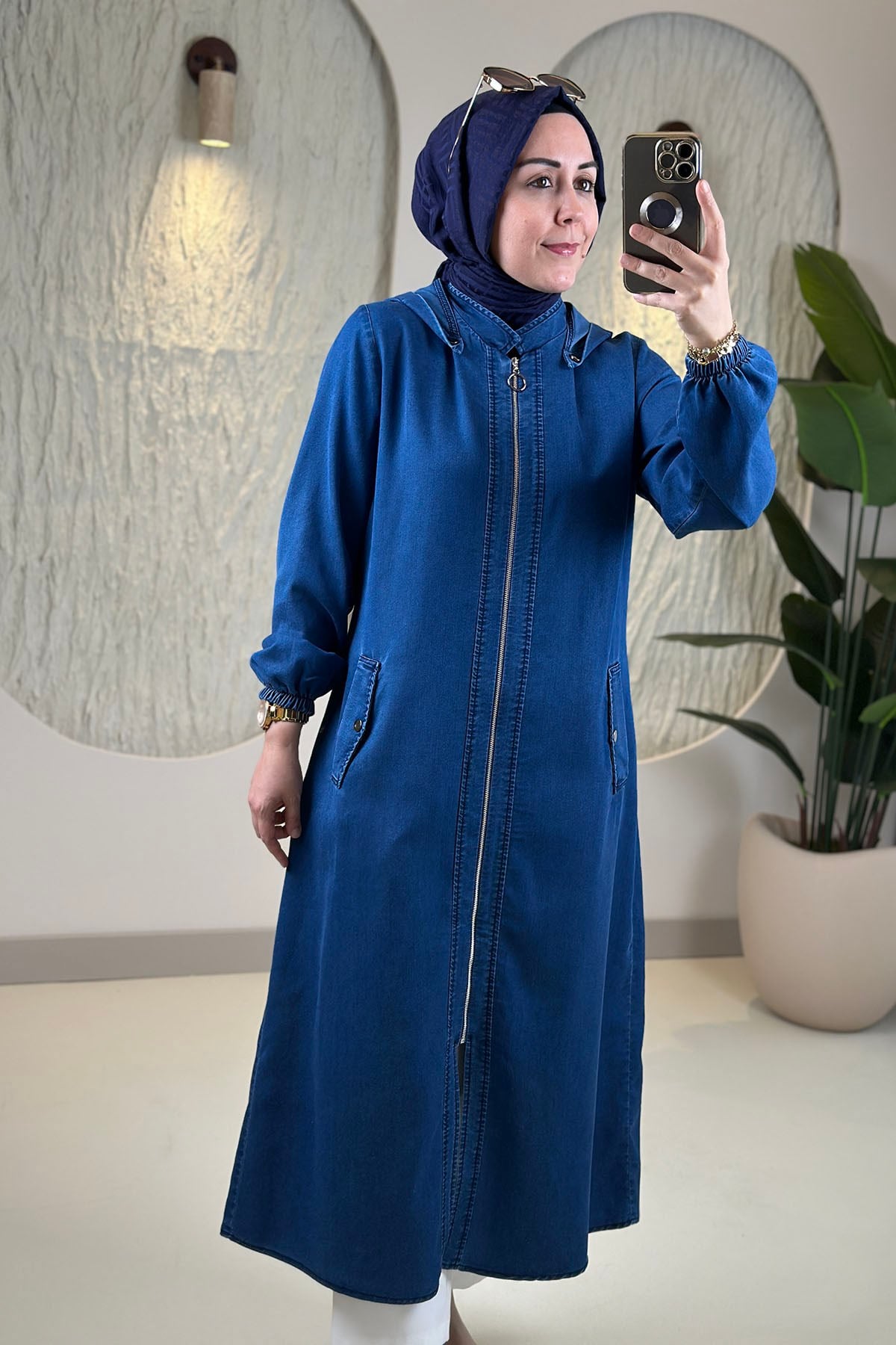 Tesettür Giy Çık KapTensel Kot Önü Fermuarlı Cepli Kadın Giyçık Koyu Mavi BRL 7089