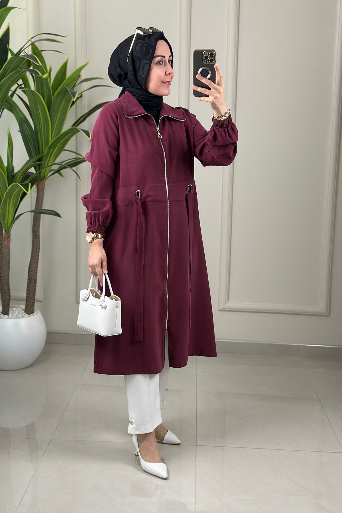 Tesettür Giy Çık KapTensel Önü Fermuarlı Kemer Detaylı Kadın Giyçık Kap Bordo MLH 2716