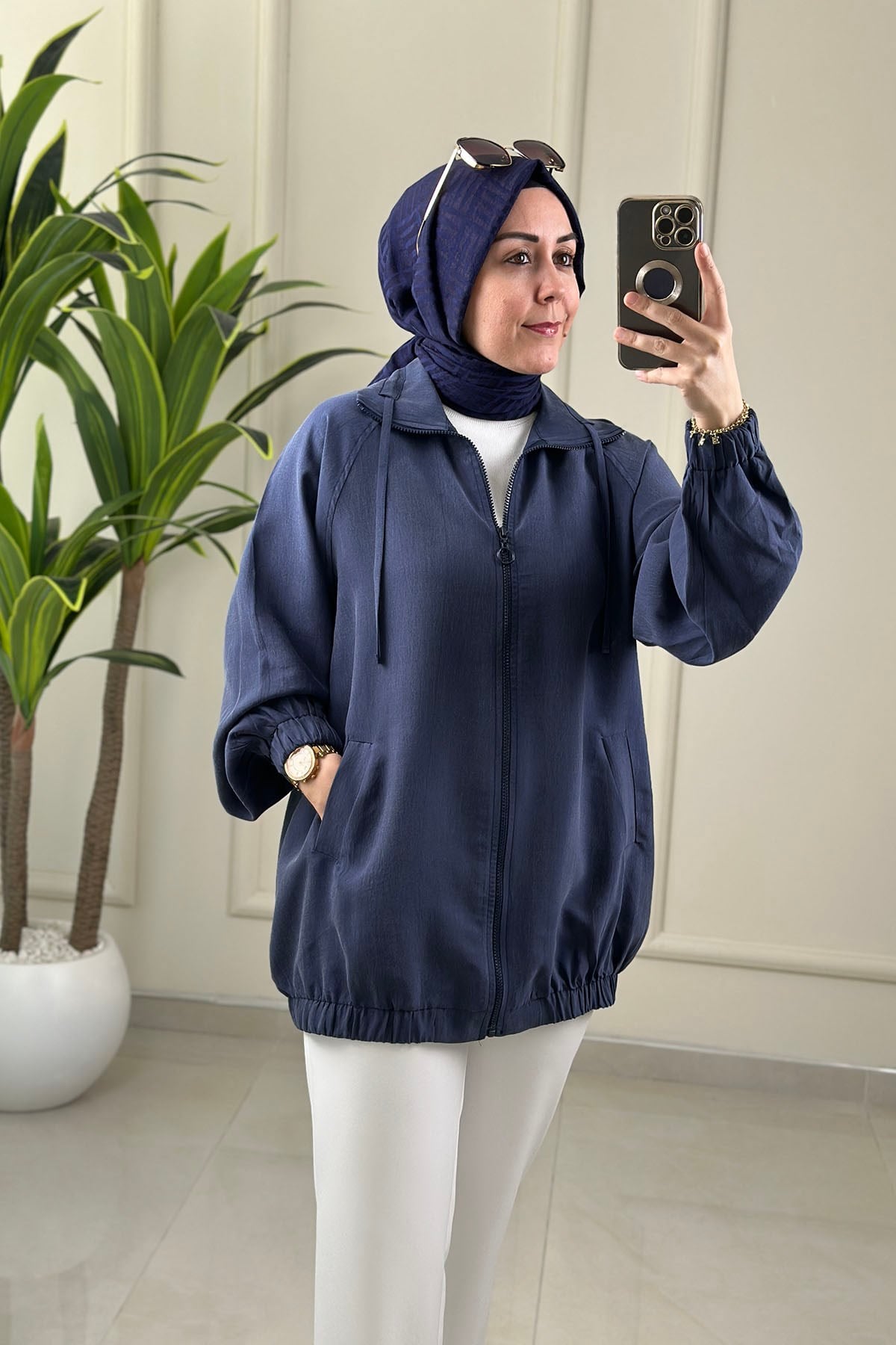 Tesettür Giy Çık KapTensel Reglan Kol Önü Fermuarlı Kadın Bomber Giyçık Lacivert EYL 2061