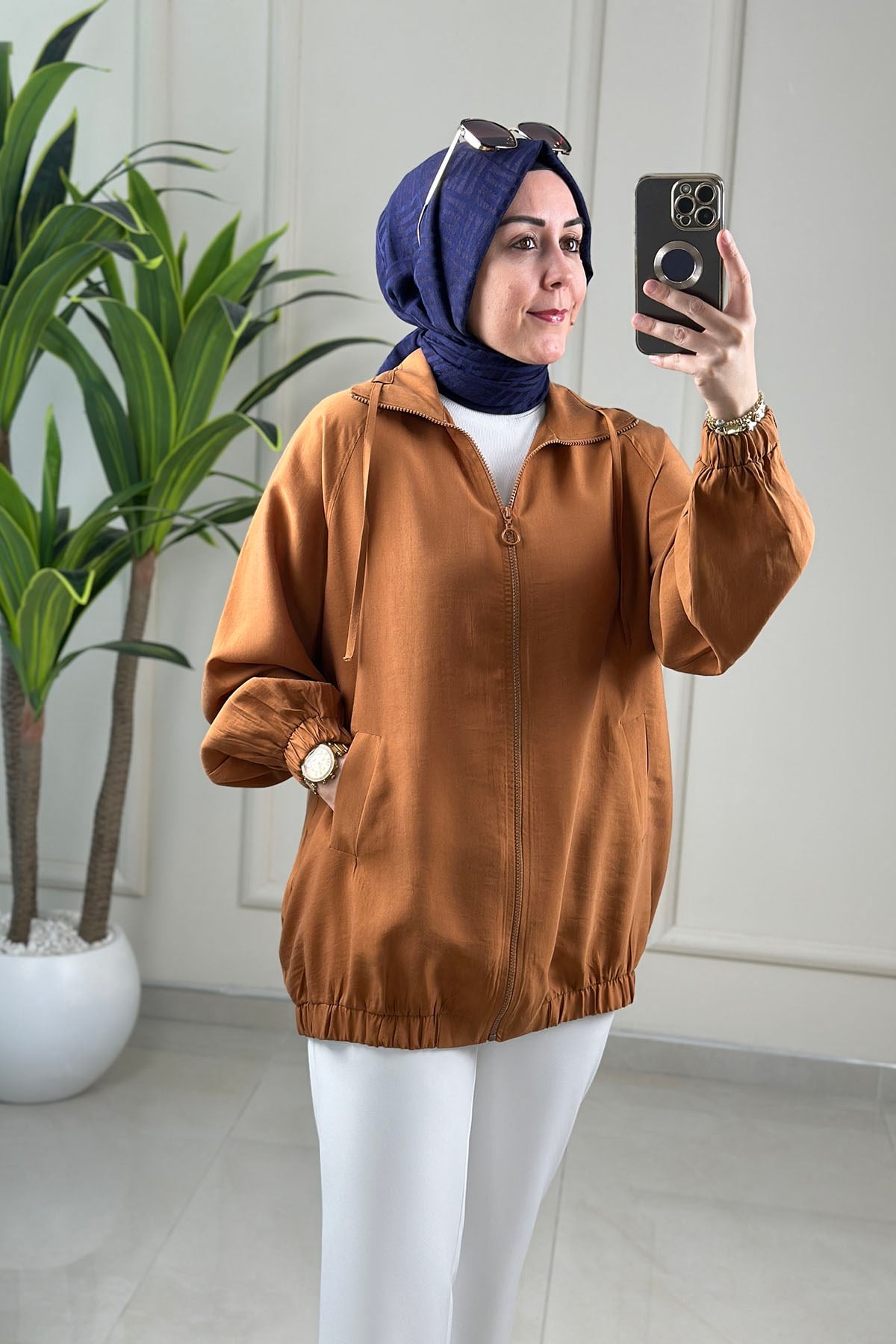 Tesettür Giy Çık KapTensel Reglan Kol Önü Fermuarlı Kadın Bomber Giyçık Kiremit EYL 2061