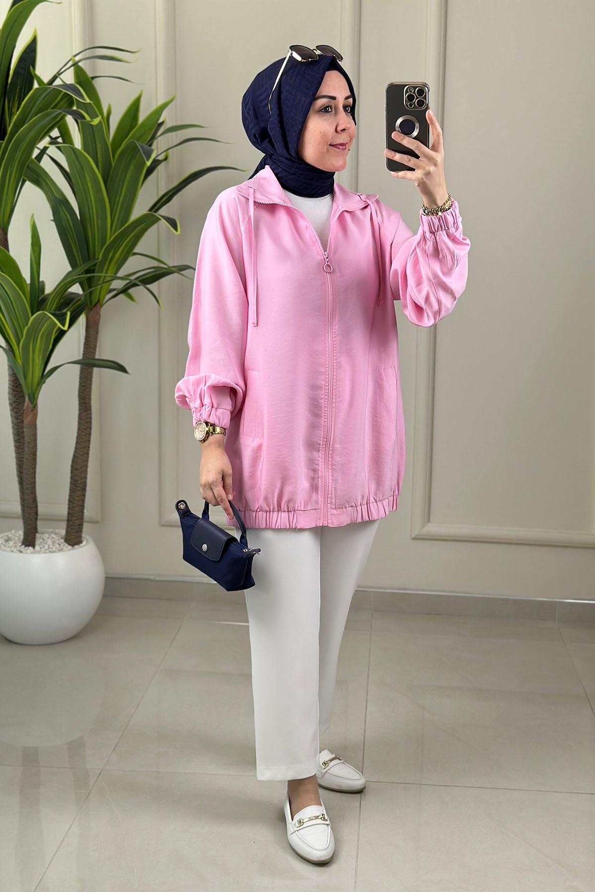 Tesettür Giy Çık KapTensel Reglan Kol Önü Fermuarlı Kadın Bomber Giyçık Pembe EYL 2061