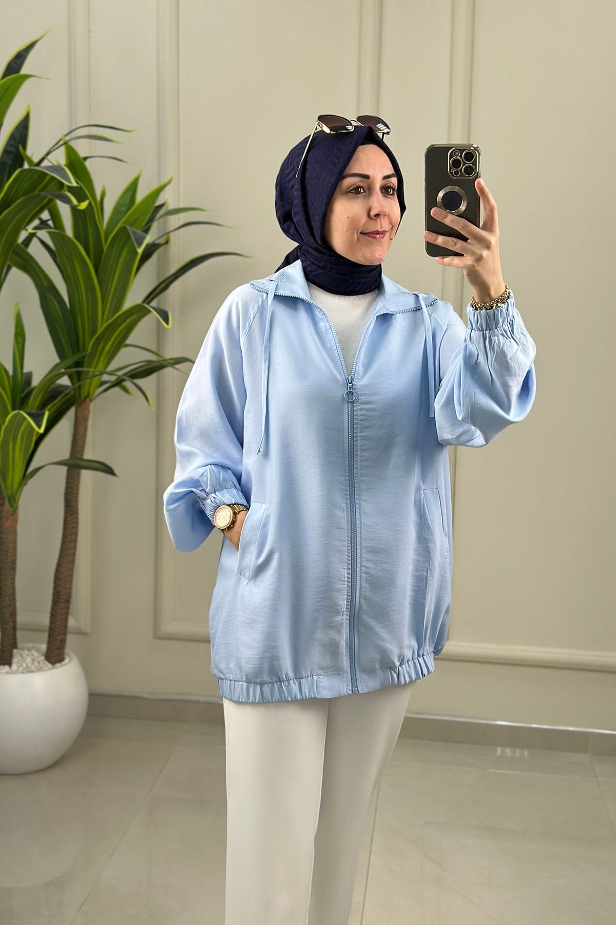 Tesettür Giy Çık KapTensel Reglan Kol Önü Fermuarlı Kadın Bomber Giyçık Mavi EYL 2061