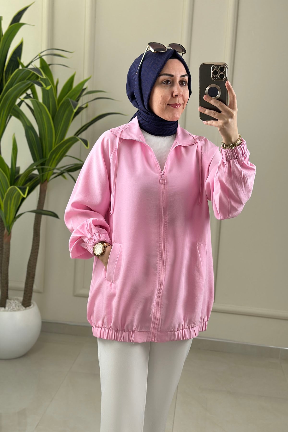 Tesettür Giy Çık KapTensel Reglan Kol Önü Fermuarlı Kadın Bomber Giyçık Pembe EYL 2061