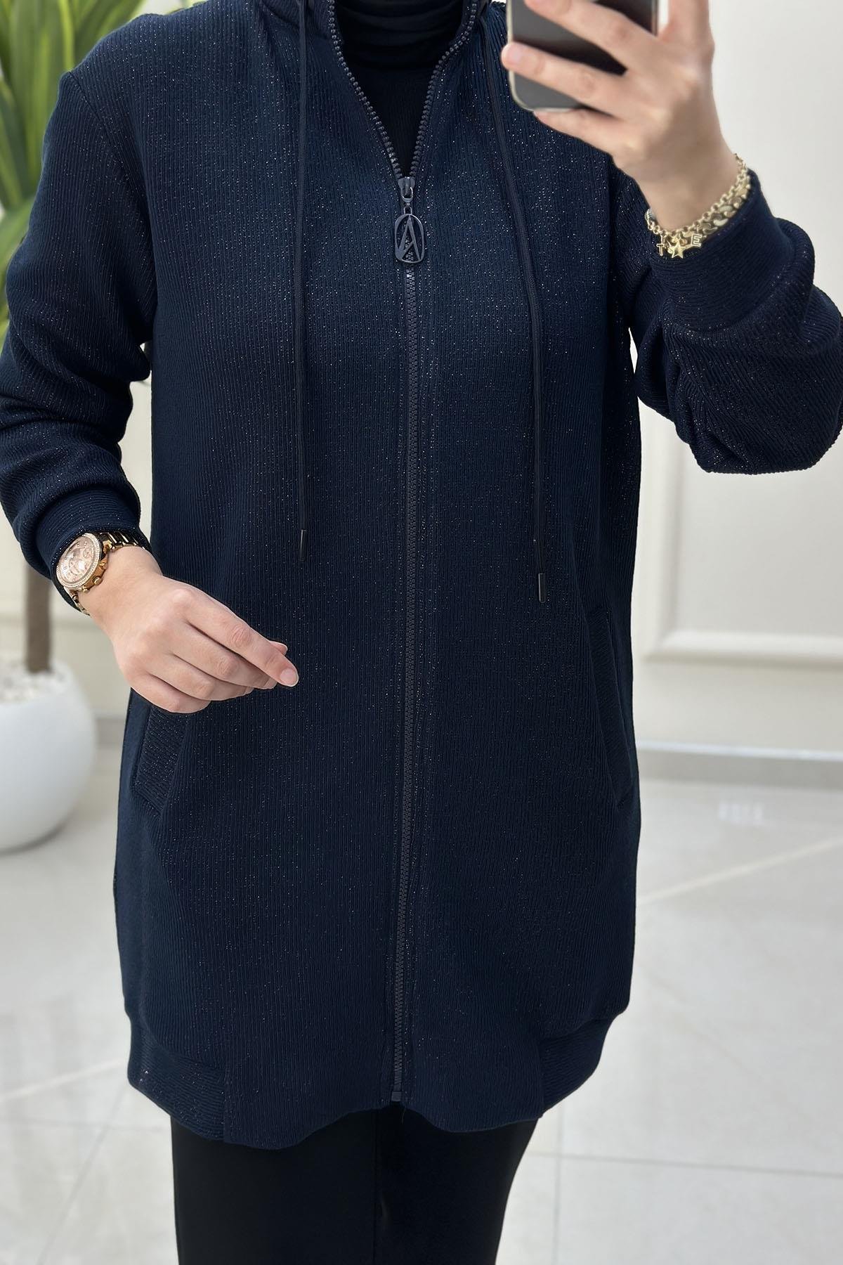 Tesettür HırkaArmine Trend Önü Fermuarlı Cepli Kadın Örme Hırka Lacivert ARM 555