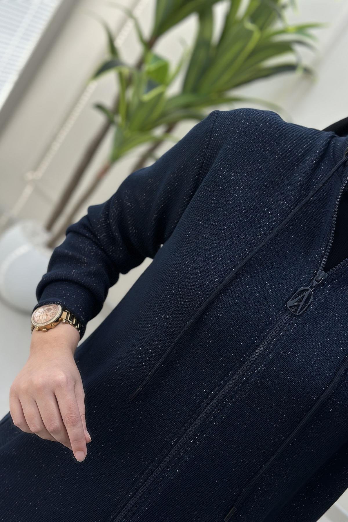 Tesettür HırkaArmine Trend Önü Fermuarlı Cepli Kadın Örme Hırka Lacivert ARM 555