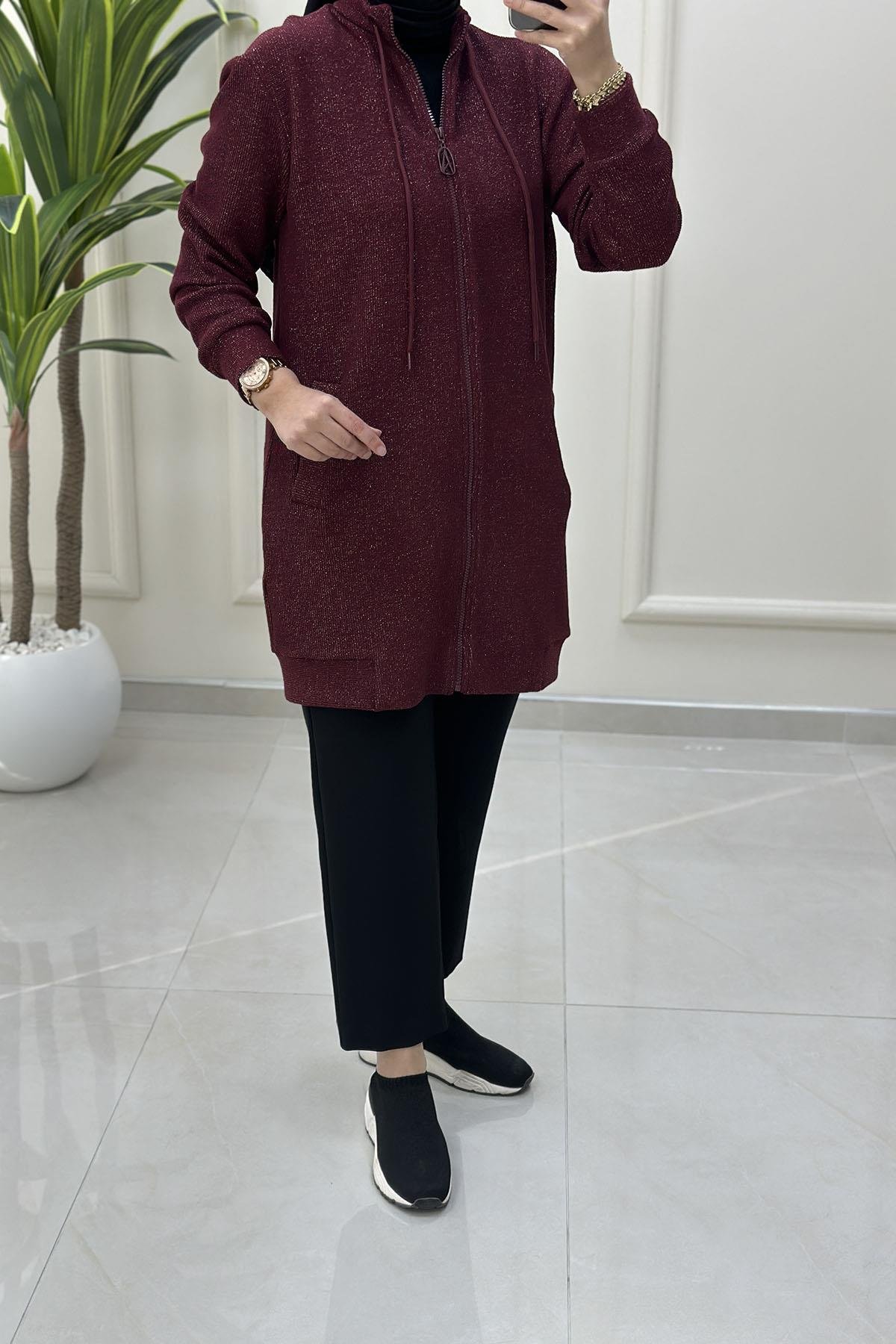 Tesettür HırkaArmine Trend Önü Fermuarlı Cepli Kadın Örme Hırka Bordo ARM 555