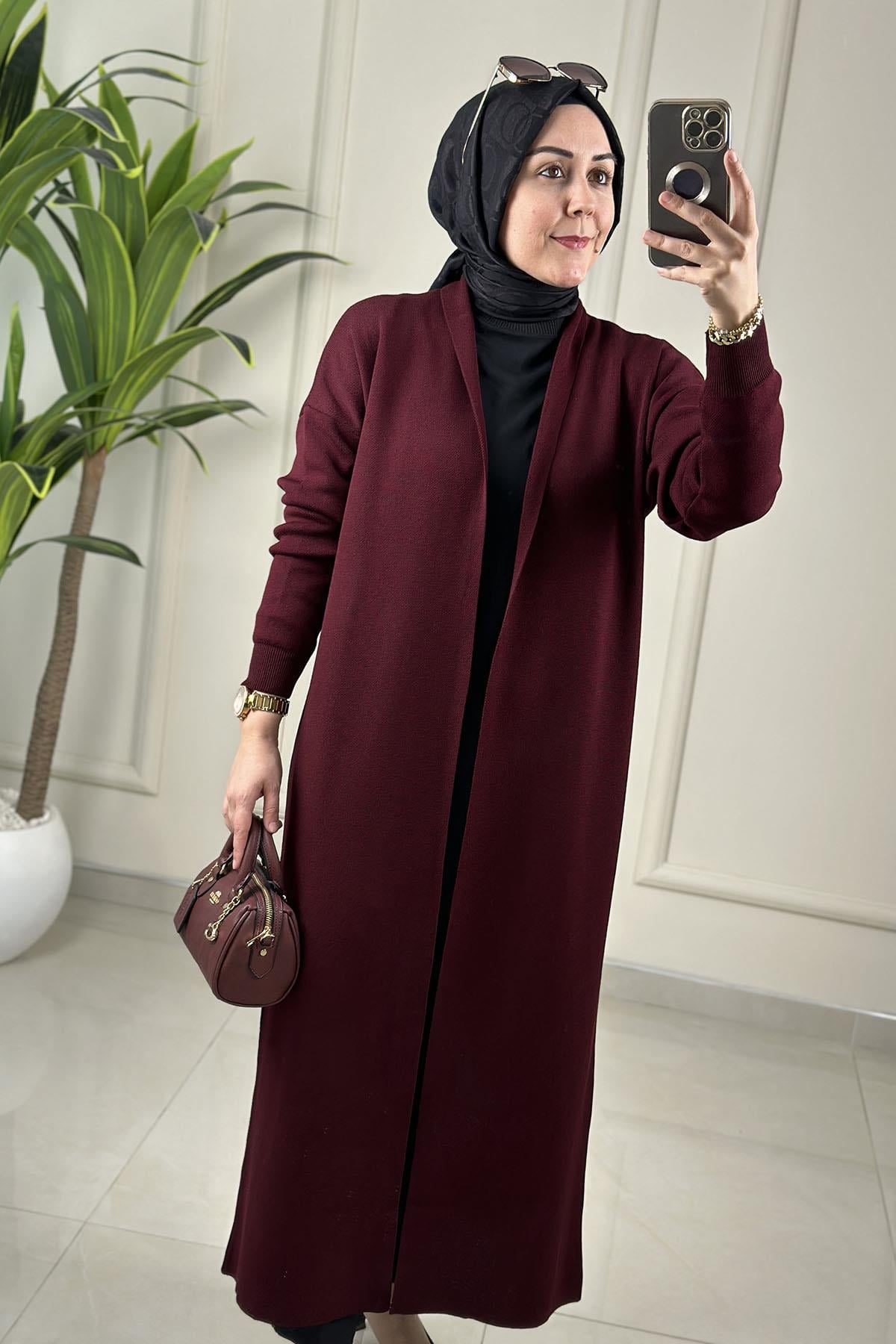Tesettür HırkaDüşük Omuz Uzun Kadın Triko Hırka Bordo SRY 6108