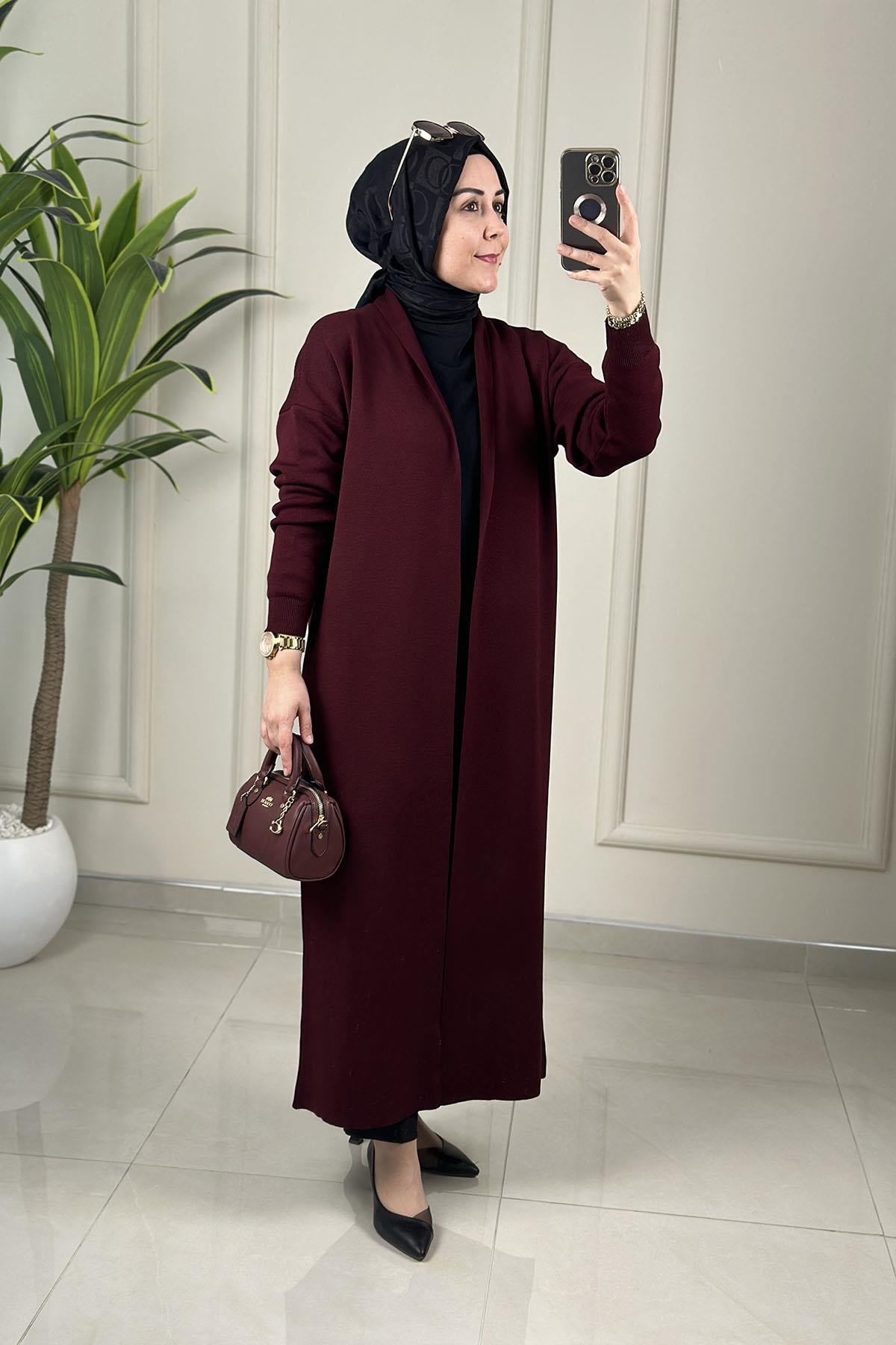 Tesettür HırkaDüşük Omuz Uzun Kadın Triko Hırka Bordo SRY 6108