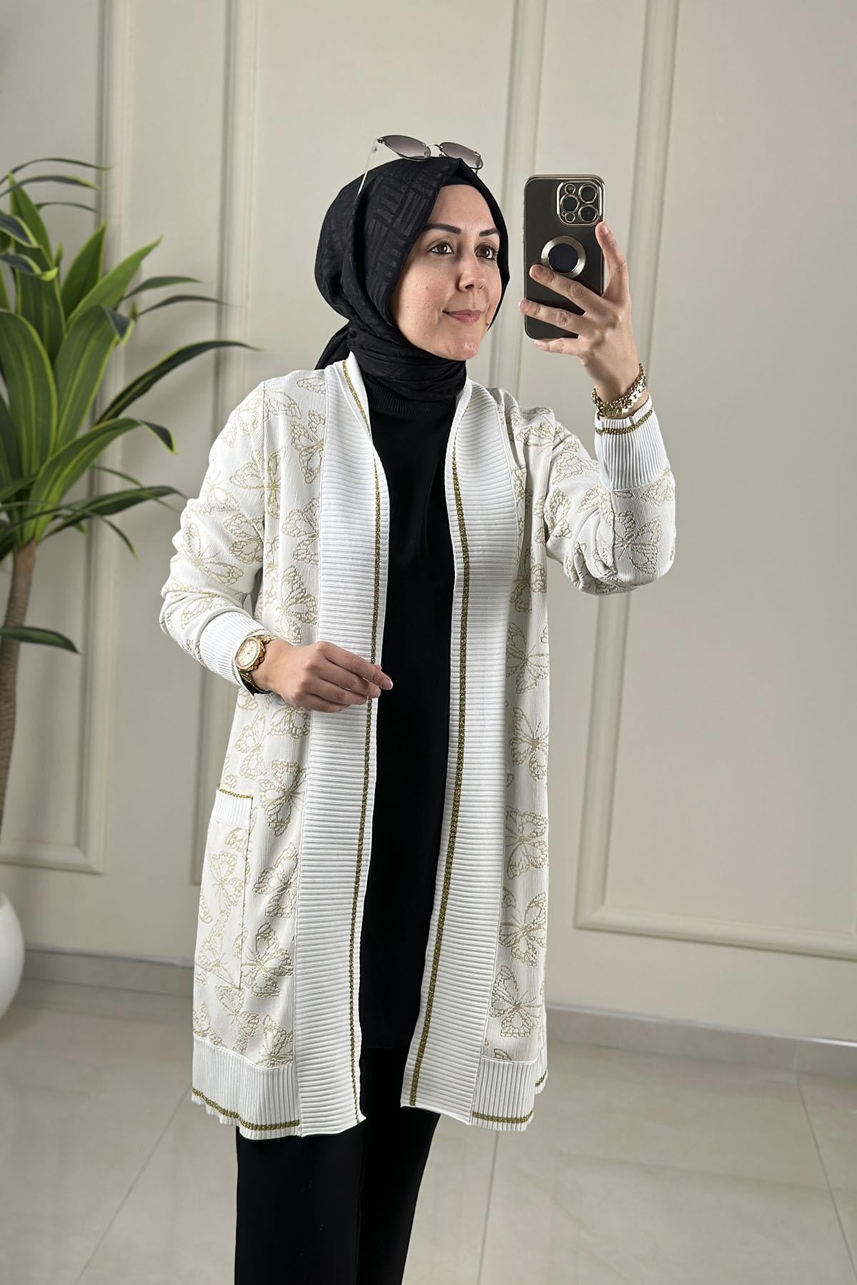 Tesettür HırkaKendinden Desenli Ribanalı Cepli Kadın Hırka Ekru ELR 602