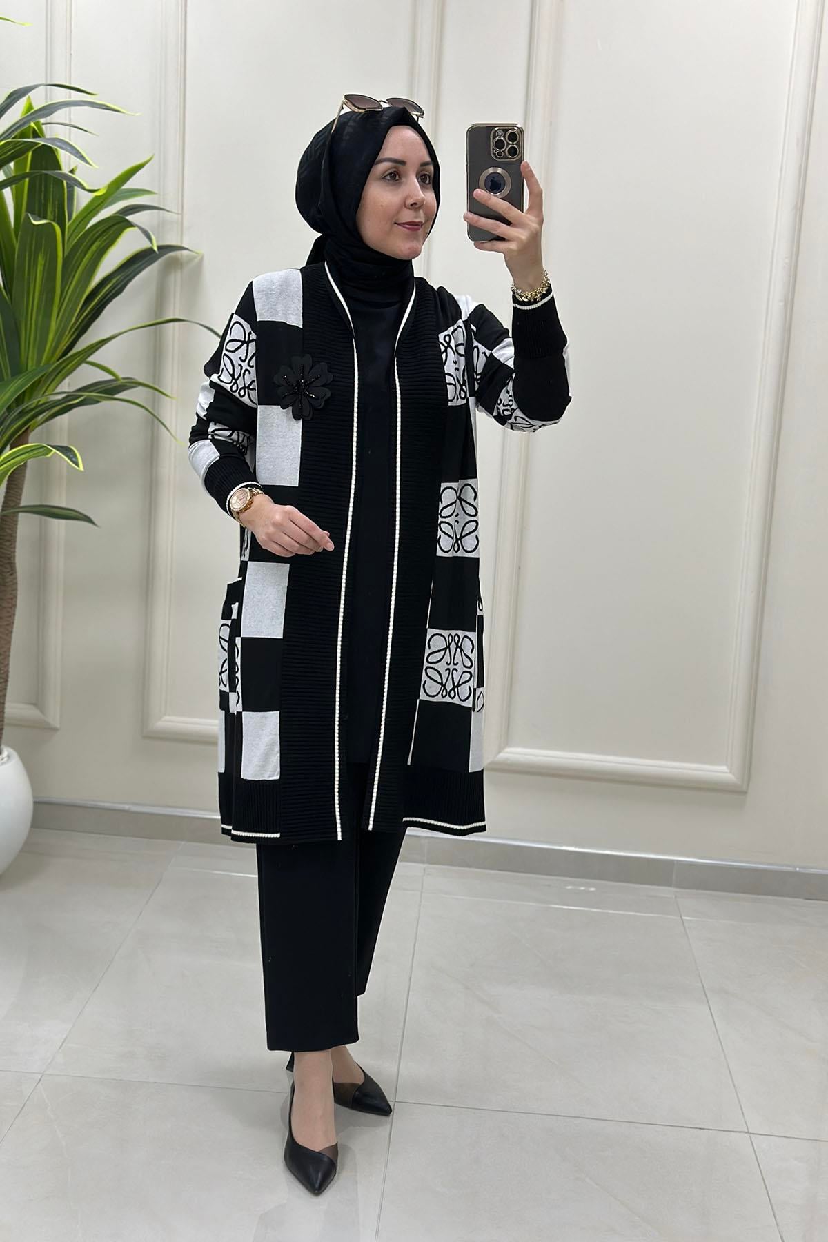 Tesettür HırkaKendinden Desenli Ribanalı Kadın Triko Hırka Siyah ELR 601