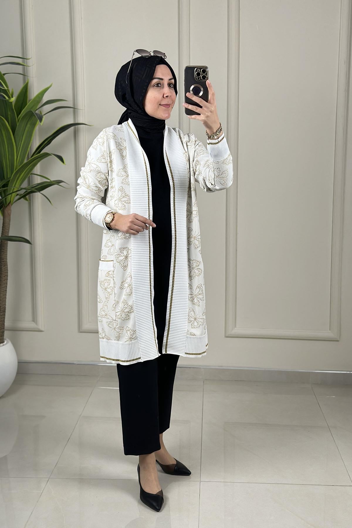 Tesettür HırkaKendinden Desenli Ribanalı Cepli Kadın Hırka Ekru ELR 602