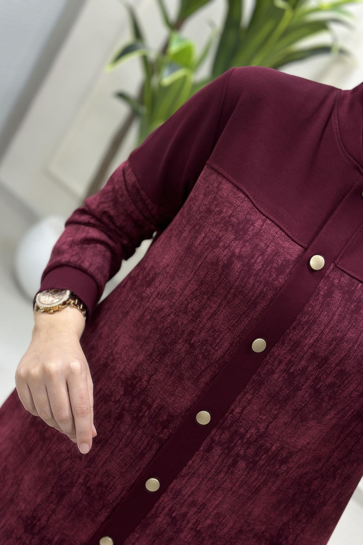 Tesettür HırkaÖnü Düğmeli Batik Desen Cepli Kadın Modal Hırka Bordo KADO 257884