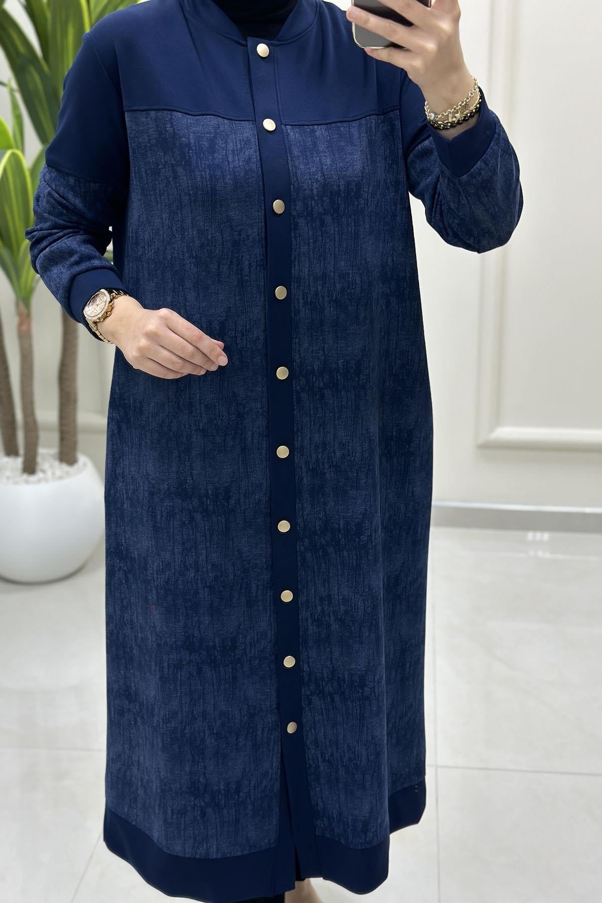 Tesettür HırkaÖnü Düğmeli Batik Desen Cepli Kadın Modal Hırka Lacivert KADO 257884