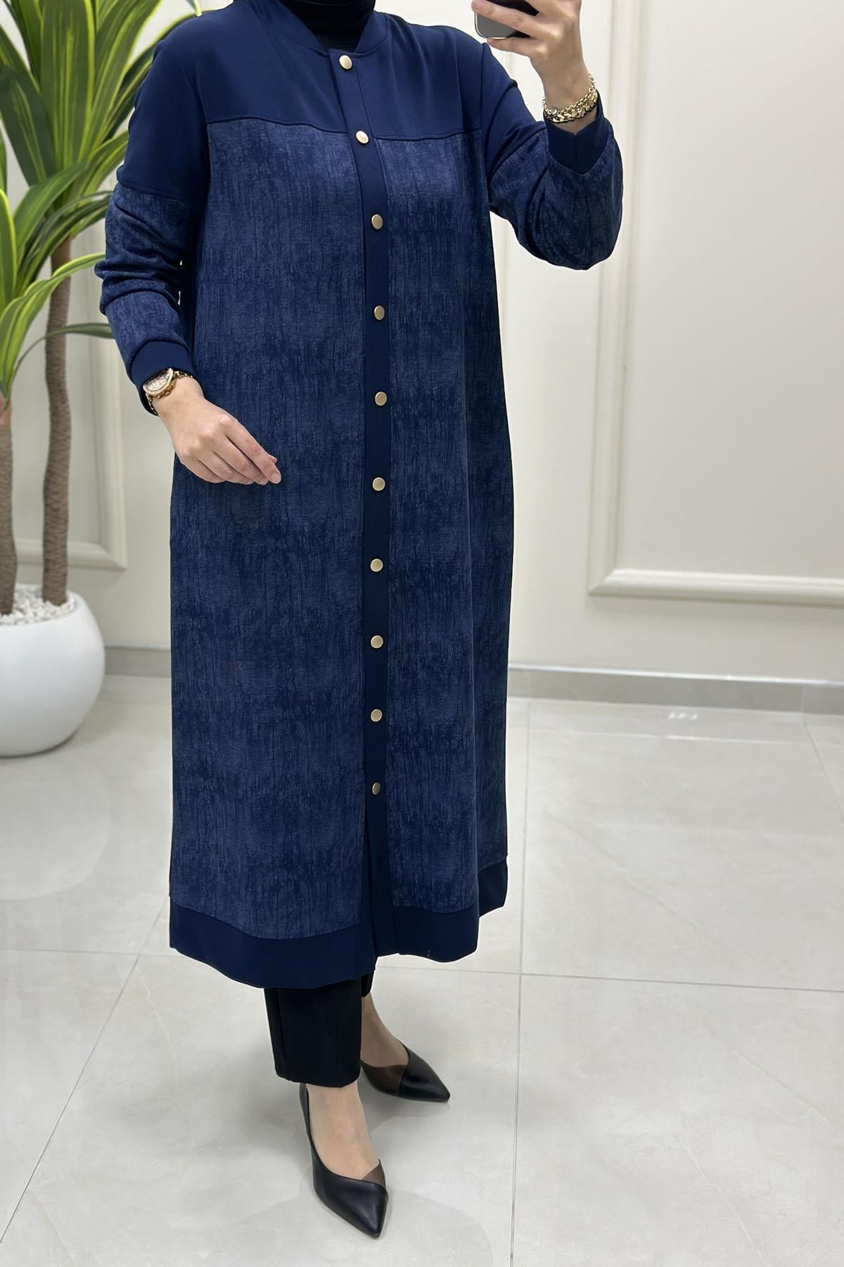 Tesettür HırkaÖnü Düğmeli Batik Desen Cepli Kadın Modal Hırka Lacivert KADO 257884