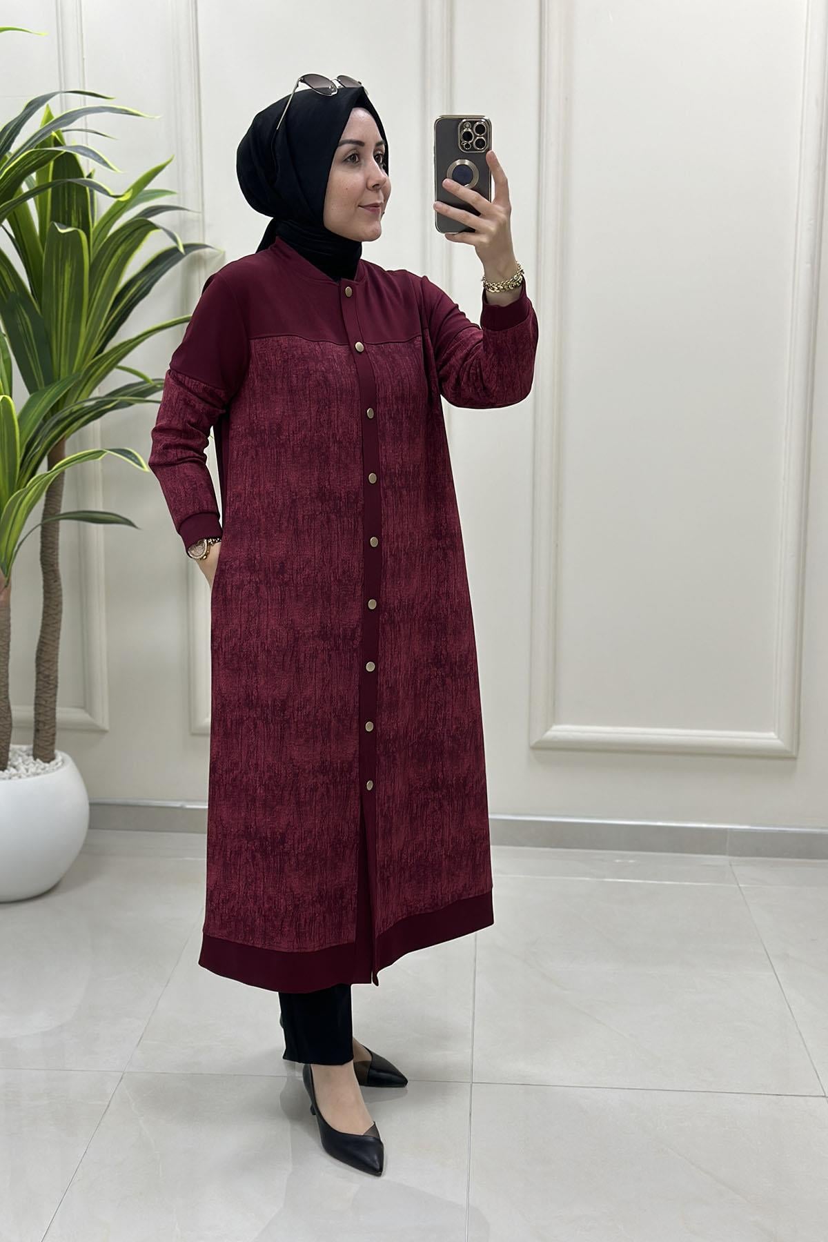 Tesettür HırkaÖnü Düğmeli Batik Desen Cepli Kadın Modal Hırka Bordo KADO 257884