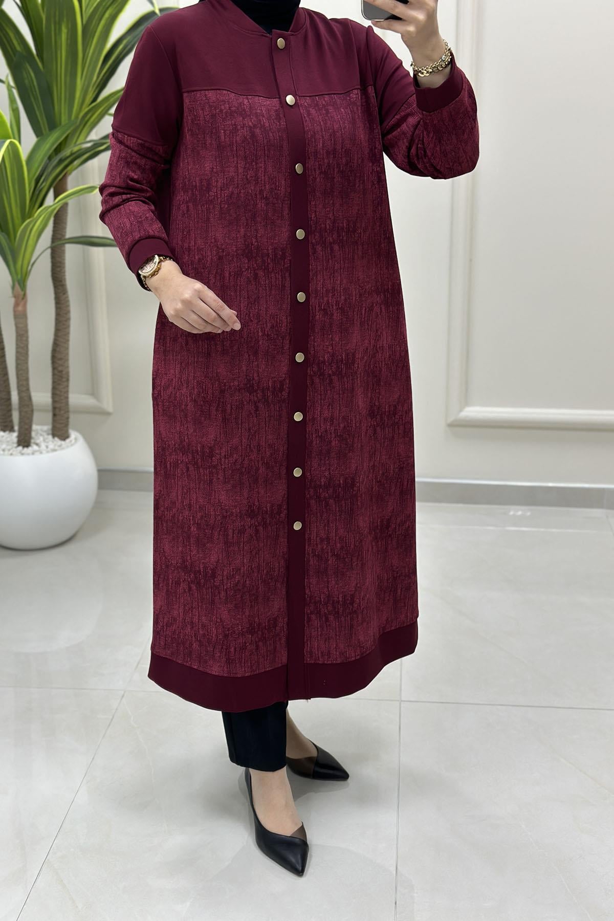 Tesettür HırkaÖnü Düğmeli Batik Desen Cepli Kadın Modal Hırka Bordo KADO 257884