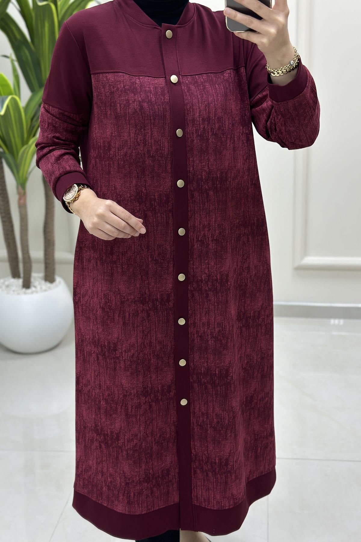Tesettür HırkaÖnü Düğmeli Batik Desen Cepli Kadın Modal Hırka Bordo KADO 257884