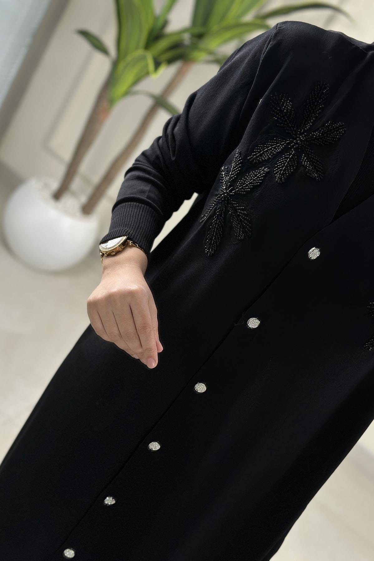 Tesettür HırkaÖnü Düğmeli Çiçek Nakışlı Merserize Kadın Hırka Siyah SFF 145110