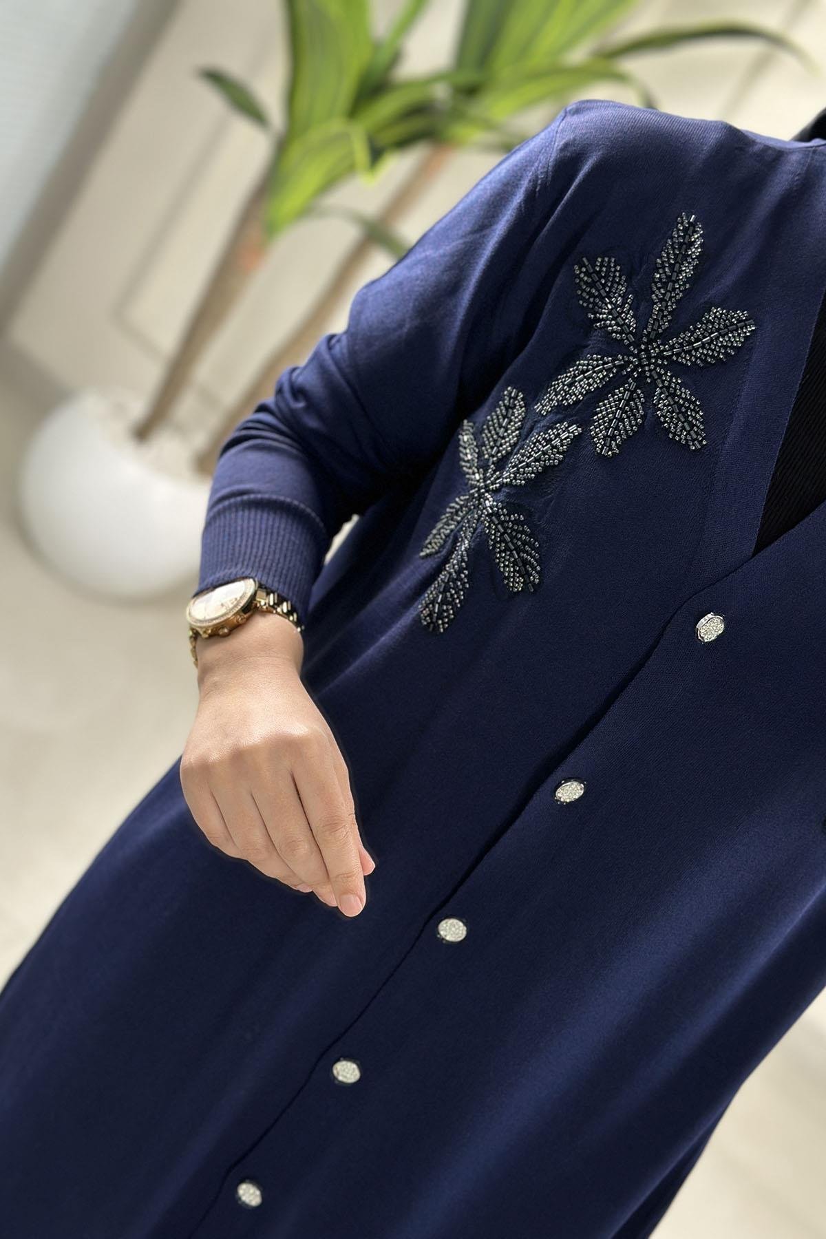 Tesettür HırkaÖnü Düğmeli Çiçek Nakışlı Merserize Kadın Hırka Lacivert SFF 145110