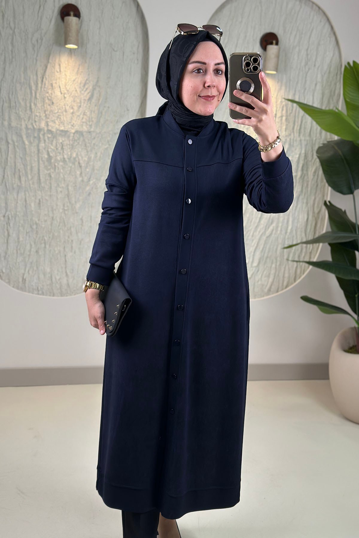 Tesettür HırkaÖnü Düğmeli Kendinden Desenli Kadın Giyçık Hırka Lacivert KADO 268316