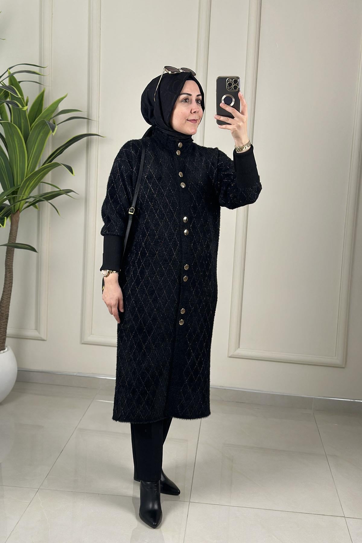 Tesettür HırkaÖnü Düğmeli Kol Ribanalı Kadın Angora Hırka Siyah SFF 4949