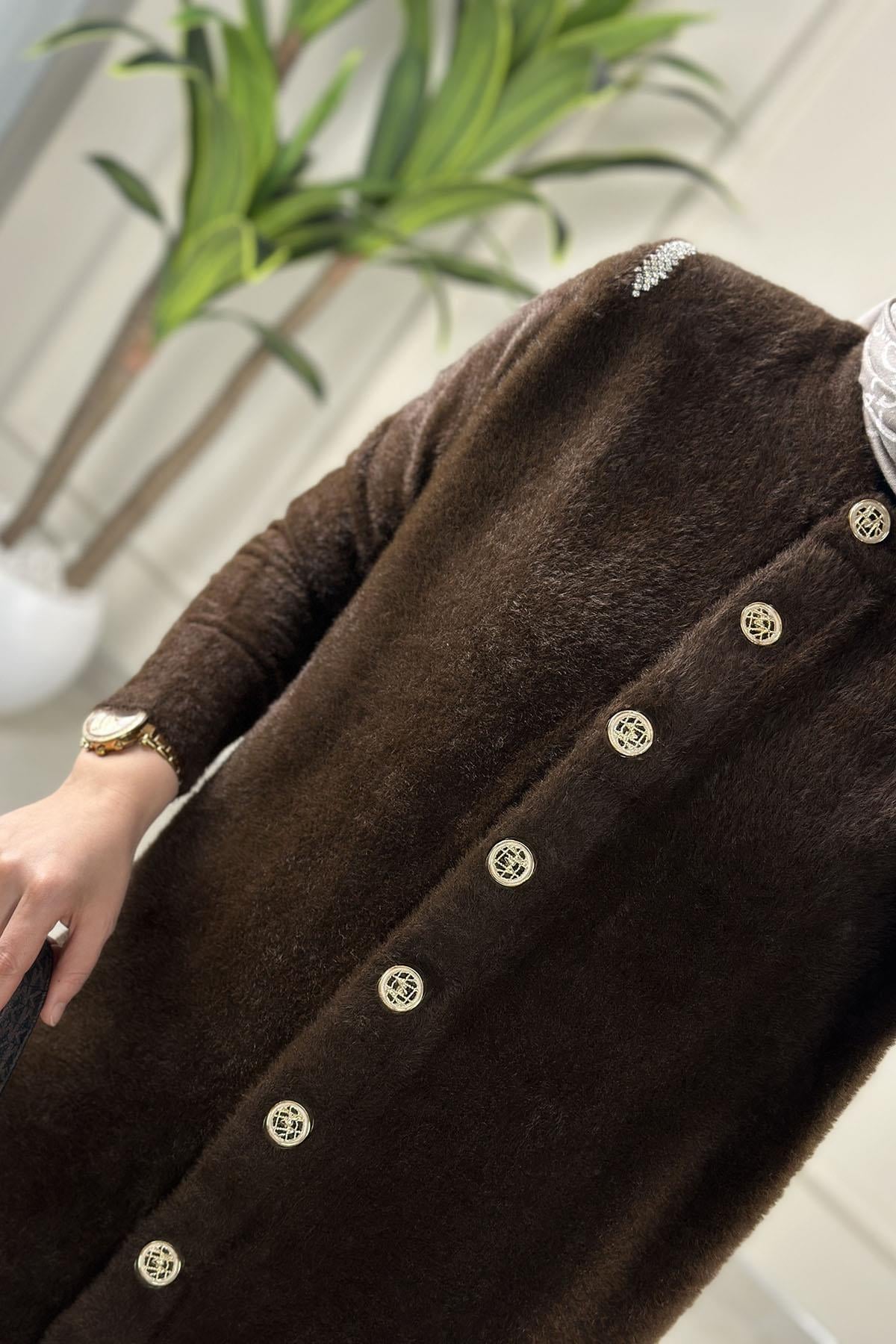 Tesettür HırkaÖnü Düğmeli Omzu Taş Detaylı Kadın Angora Hırka Kahverengi SFF 145402