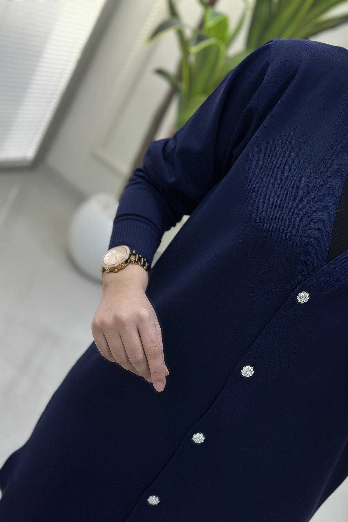 Tesettür HırkaÖnü Taş Düğmeli Kadın Triko Hırka Lacivert MLH 5024