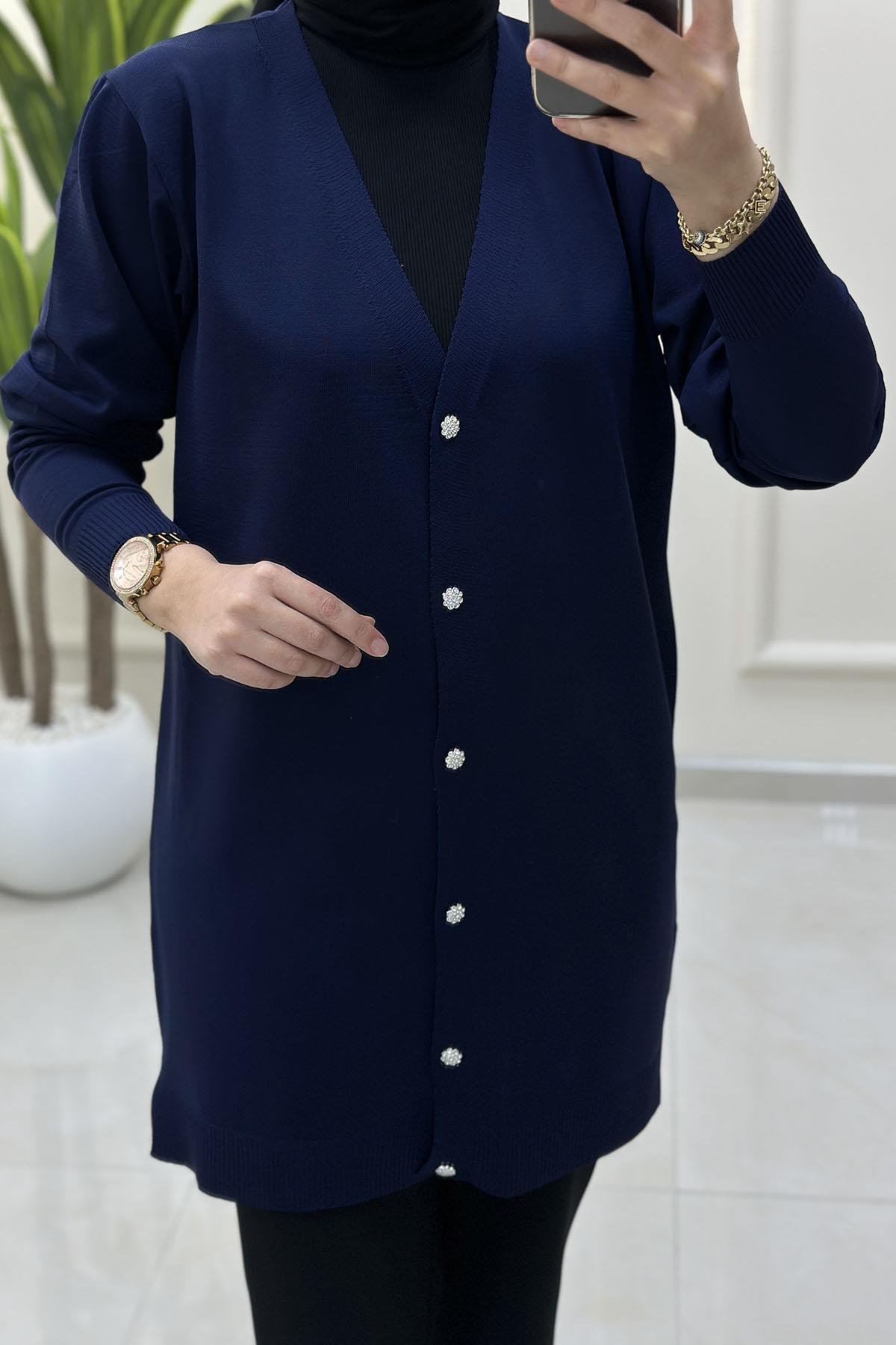 Tesettür HırkaÖnü Taş Düğmeli Kadın Triko Hırka Lacivert MLH 5024