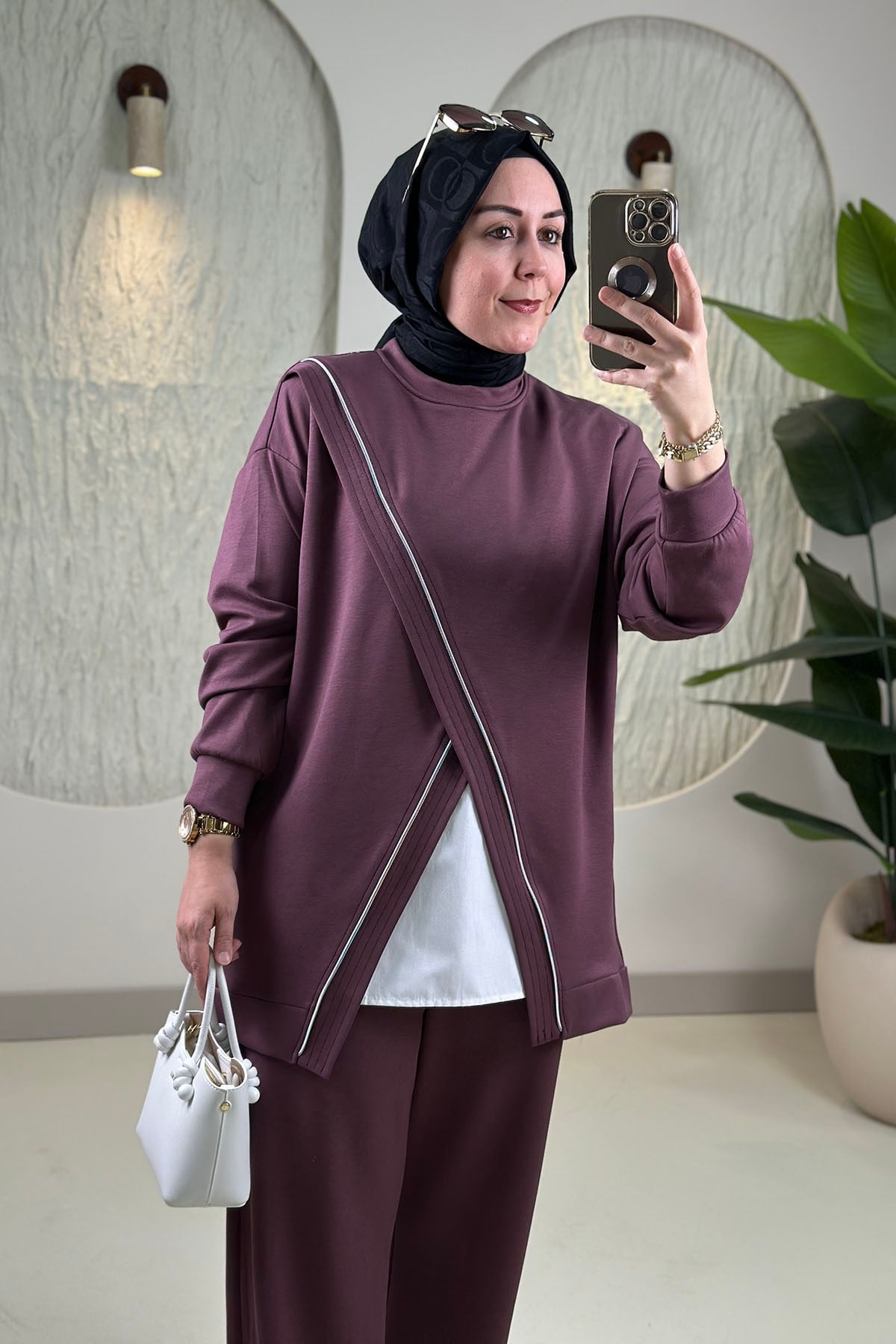 Tesettür İkili TakımModal Oysho Önü Çapraz Kesim Kombinli Tunik ve Pantolon Kadın İkili Takım Açık Mürdüm YRN 2400