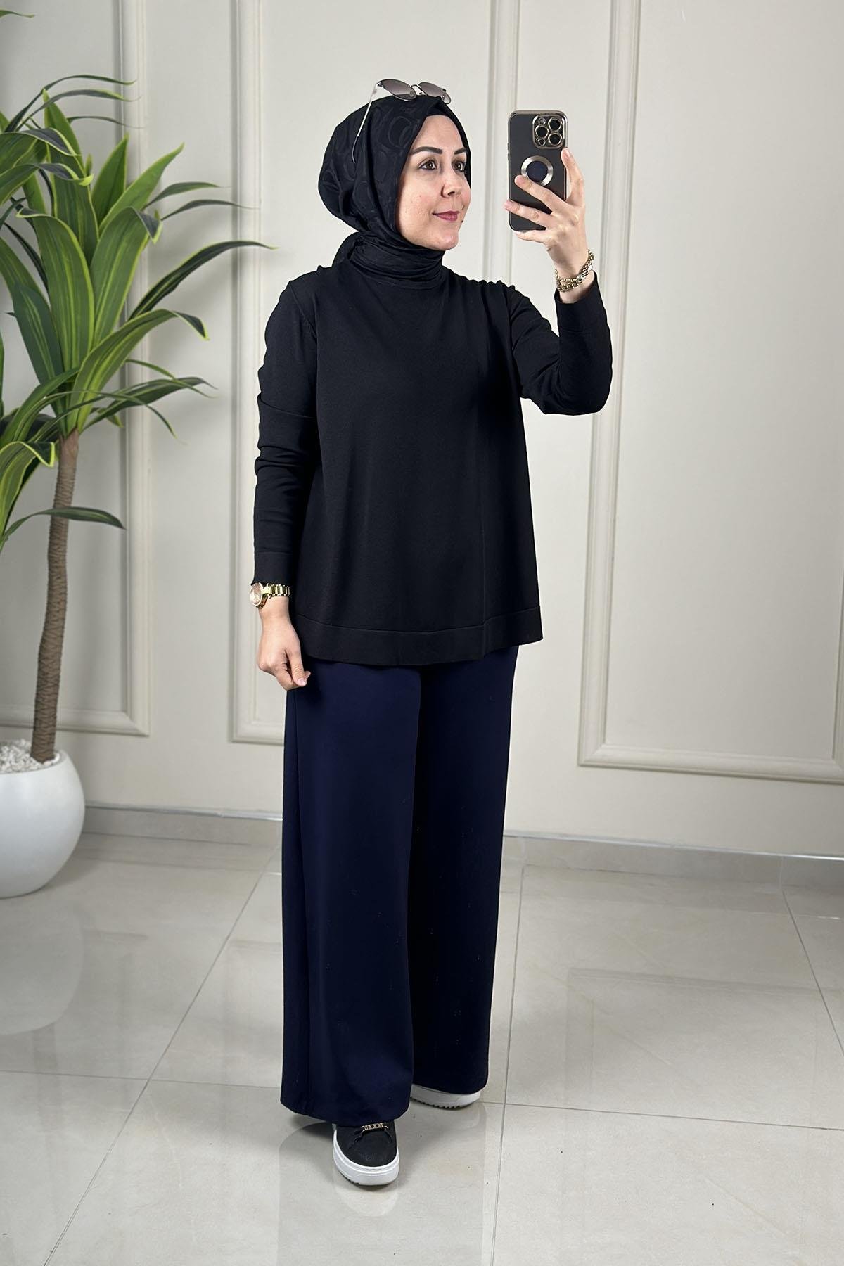 Tesettür PantolonBeli Lastikli Bol Paça Oysho Kadın Pantolon Lacivert MLH 8079