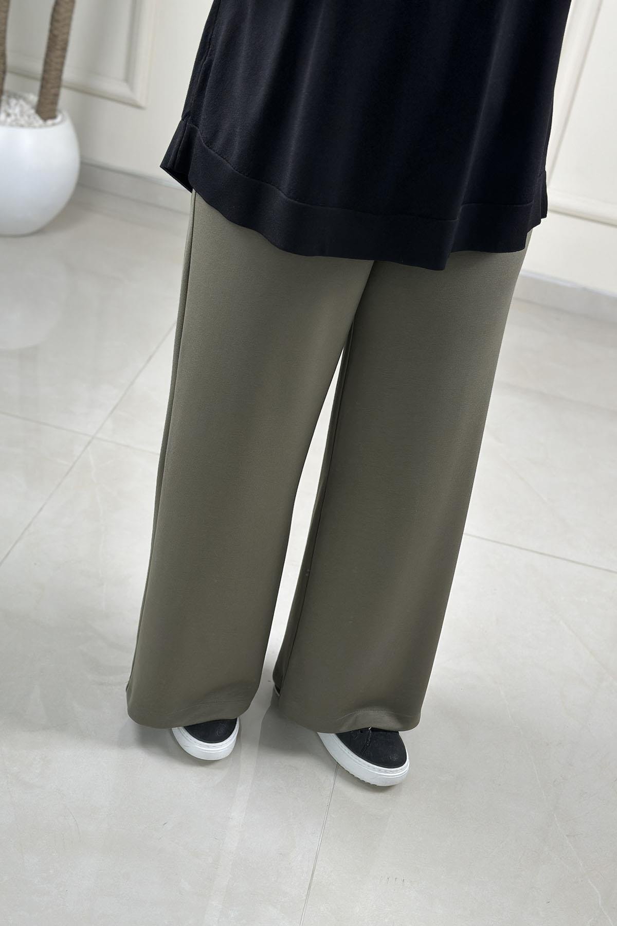 Tesettür PantolonBeli Lastikli Bol Paça Oysho Kadın Pantolon Haki MLH 8079