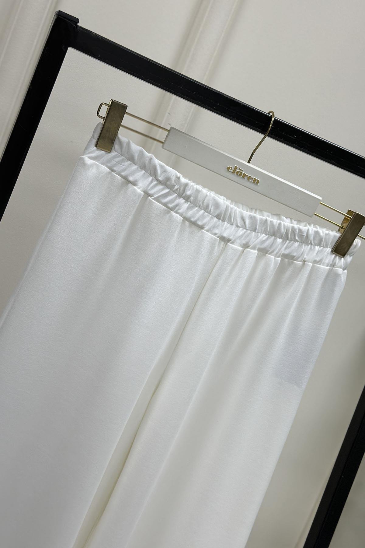 Tesettür PantolonBeli Lastikli Bol Paça Oysho Kadın Pantolon Beyaz MLH 8079