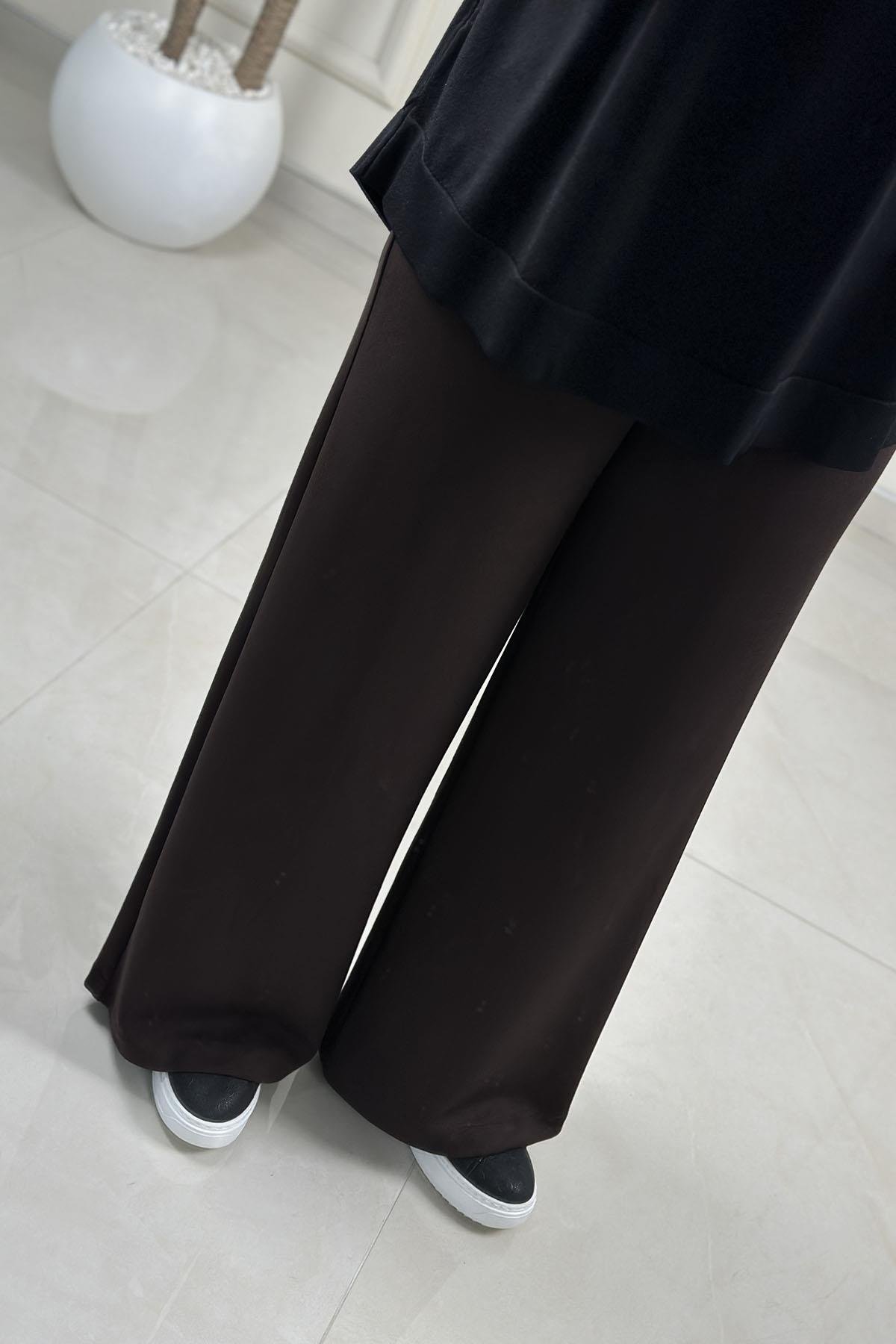 Tesettür PantolonBeli Lastikli Bol Paça Oysho Kadın Pantolon Kahverengi MLH 8079