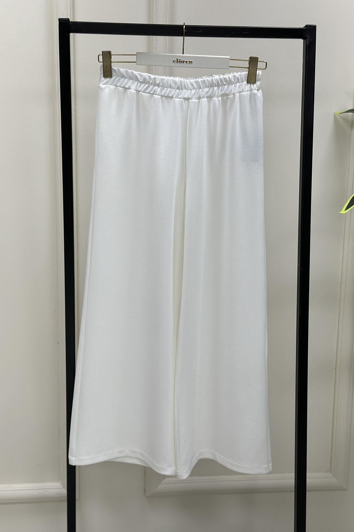 Tesettür PantolonBeli Lastikli Bol Paça Oysho Kadın Pantolon Beyaz MLH 8079