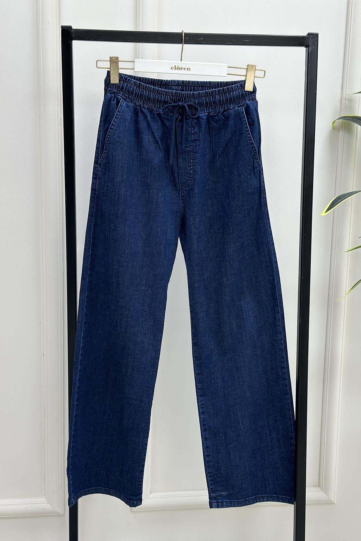 Tesettür PantolonBeli Lastikli Cepli Bol Paça Kadın Kot Pantolon Koyu Mavi MP 2657