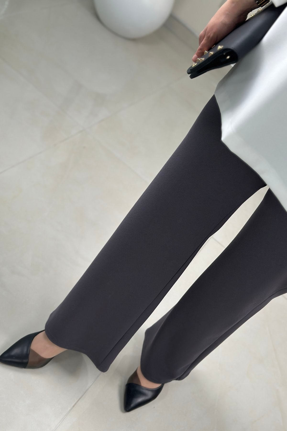 Tesettür PantolonBeli Lastikli Likralı Kadın Pantolon Gri AVZ 2602