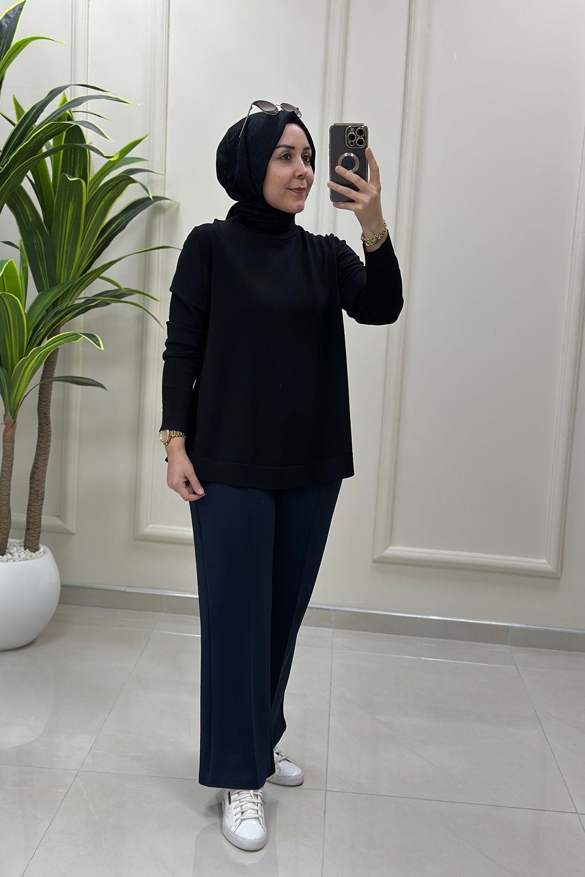 Tesettür PantolonBeli Lastikli Önü Nervürlü Cepli Scuba Pantolon Lacivert AVZ 2601