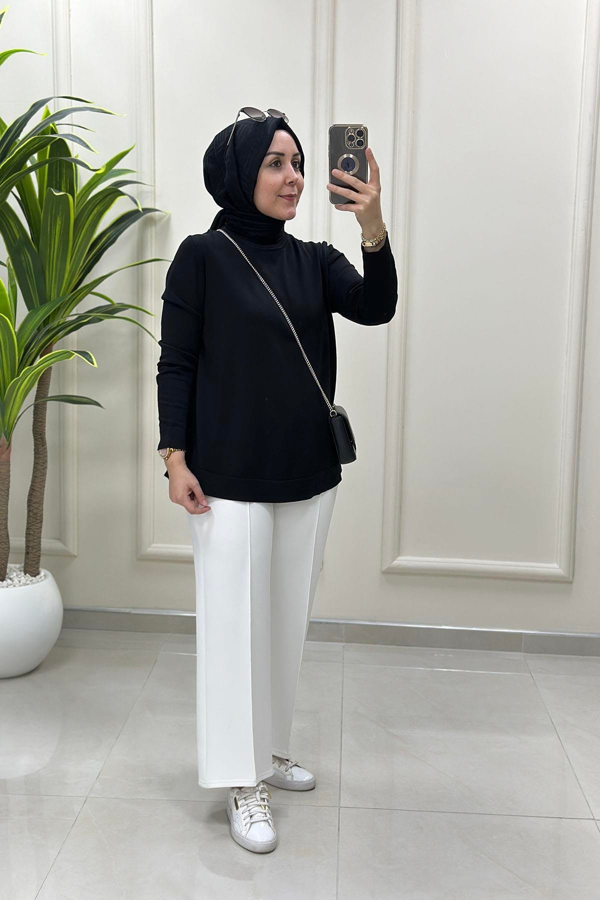 Tesettür PantolonBeli Lastikli Önü Nervürlü Cepli Scuba Pantolon Beyaz AVZ 2601