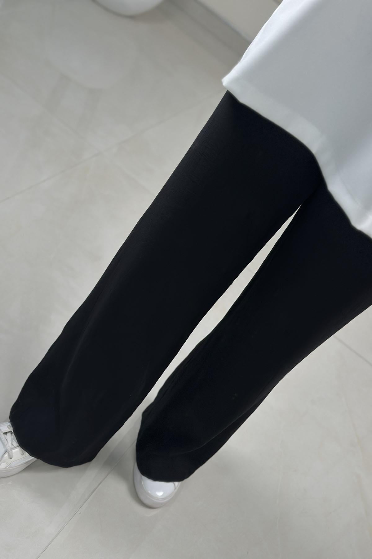 Tesettür PantolonÇilek Kumaş Beli Lastikli Bol Paça Kadın Pantolon Siyah MLH 8043
