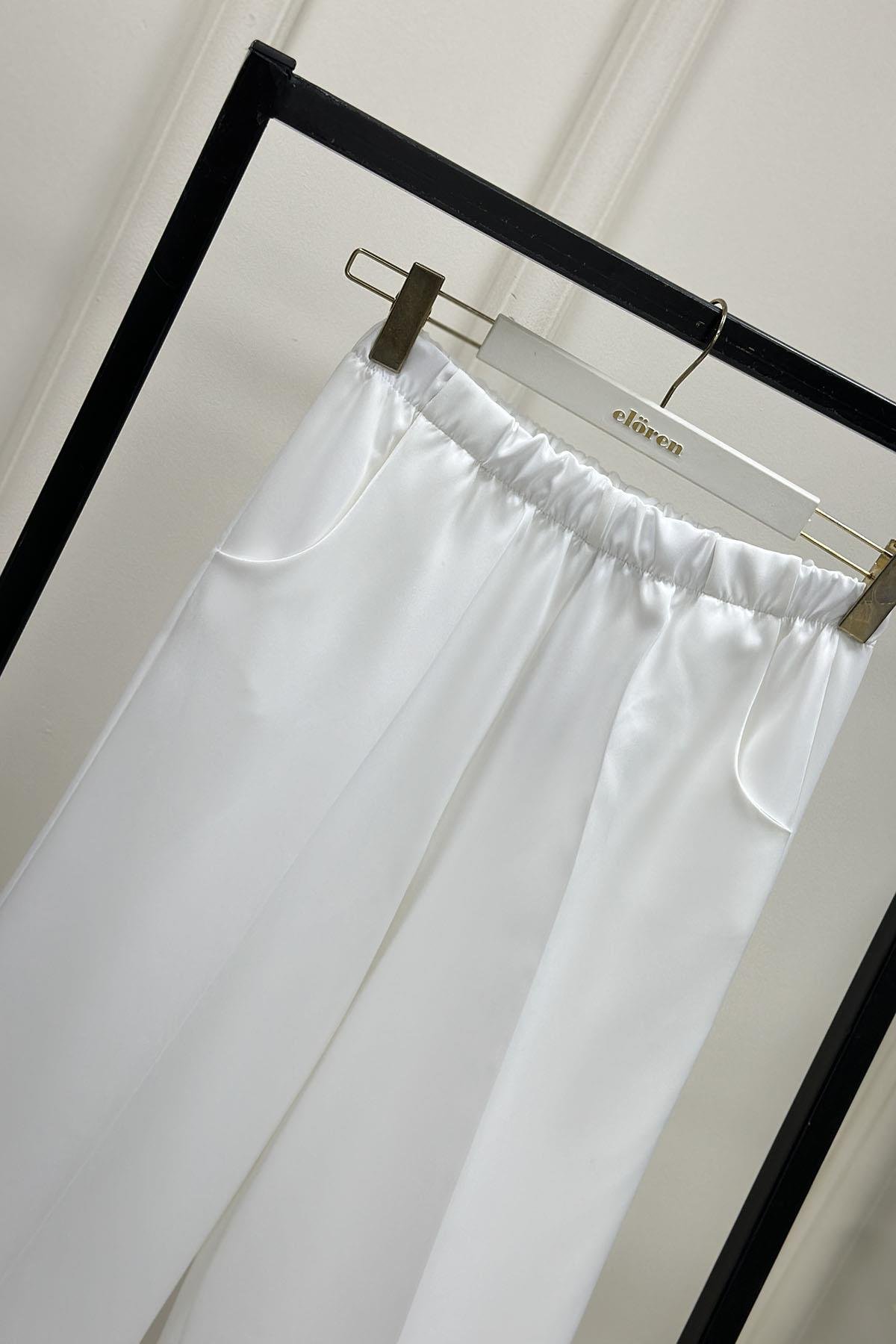 Tesettür PantolonEsmira Beli Lastikli Bol Paça Cepli Kadın Pantolon Beyaz ESM 1301