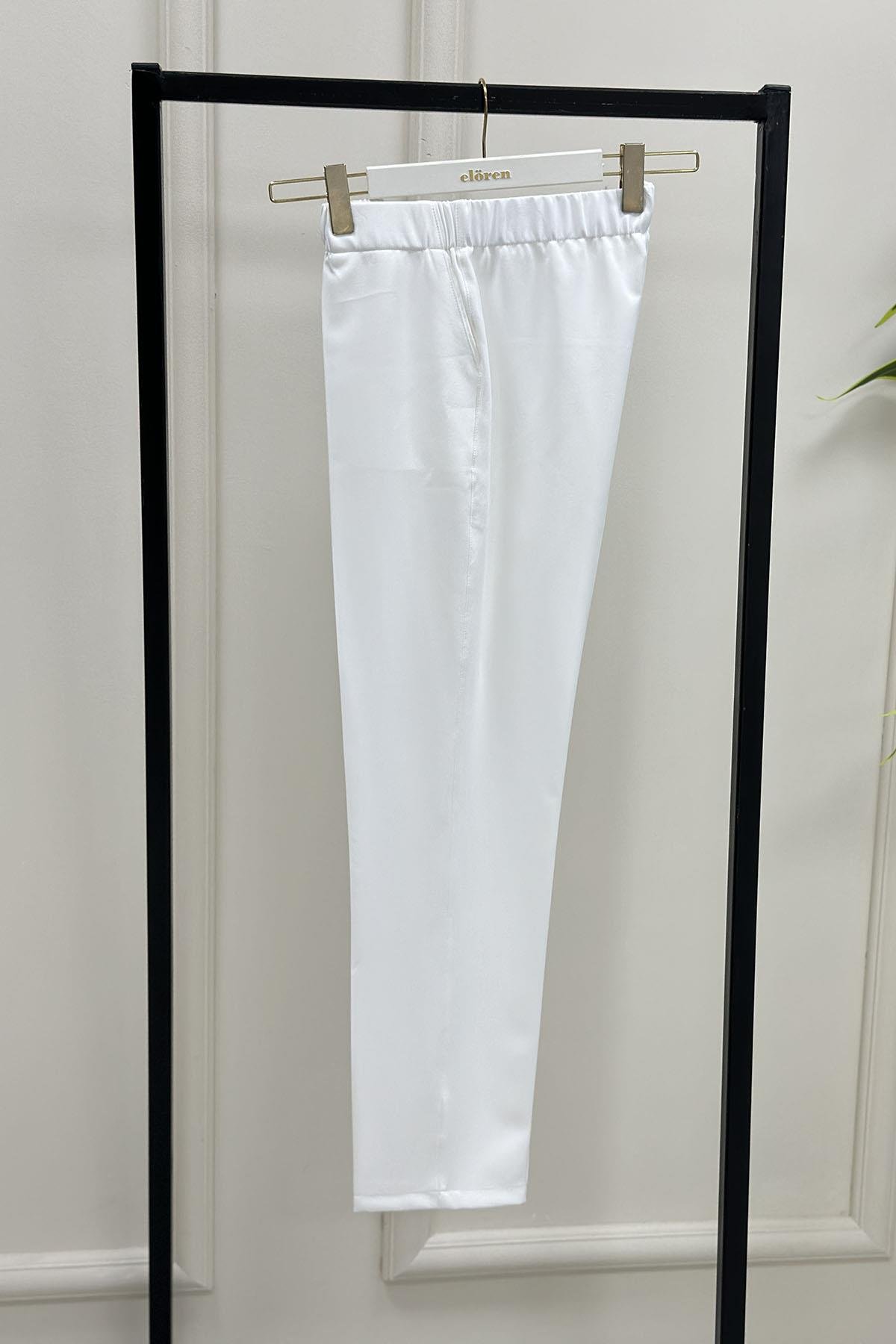 Tesettür PantolonEsmira Beli Lastikli Cepli Dar Paça Kadın Pantolon Beyaz ESM 1302