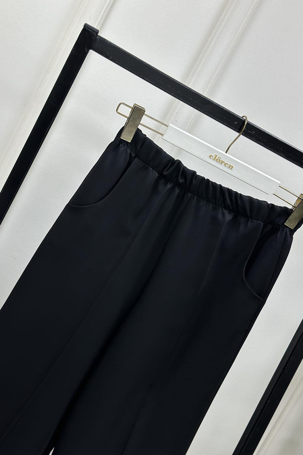 Tesettür PantolonEsmira Beli Lastikli Bol Paça Cepli Kadın Pantolon Siyah ESM 1301