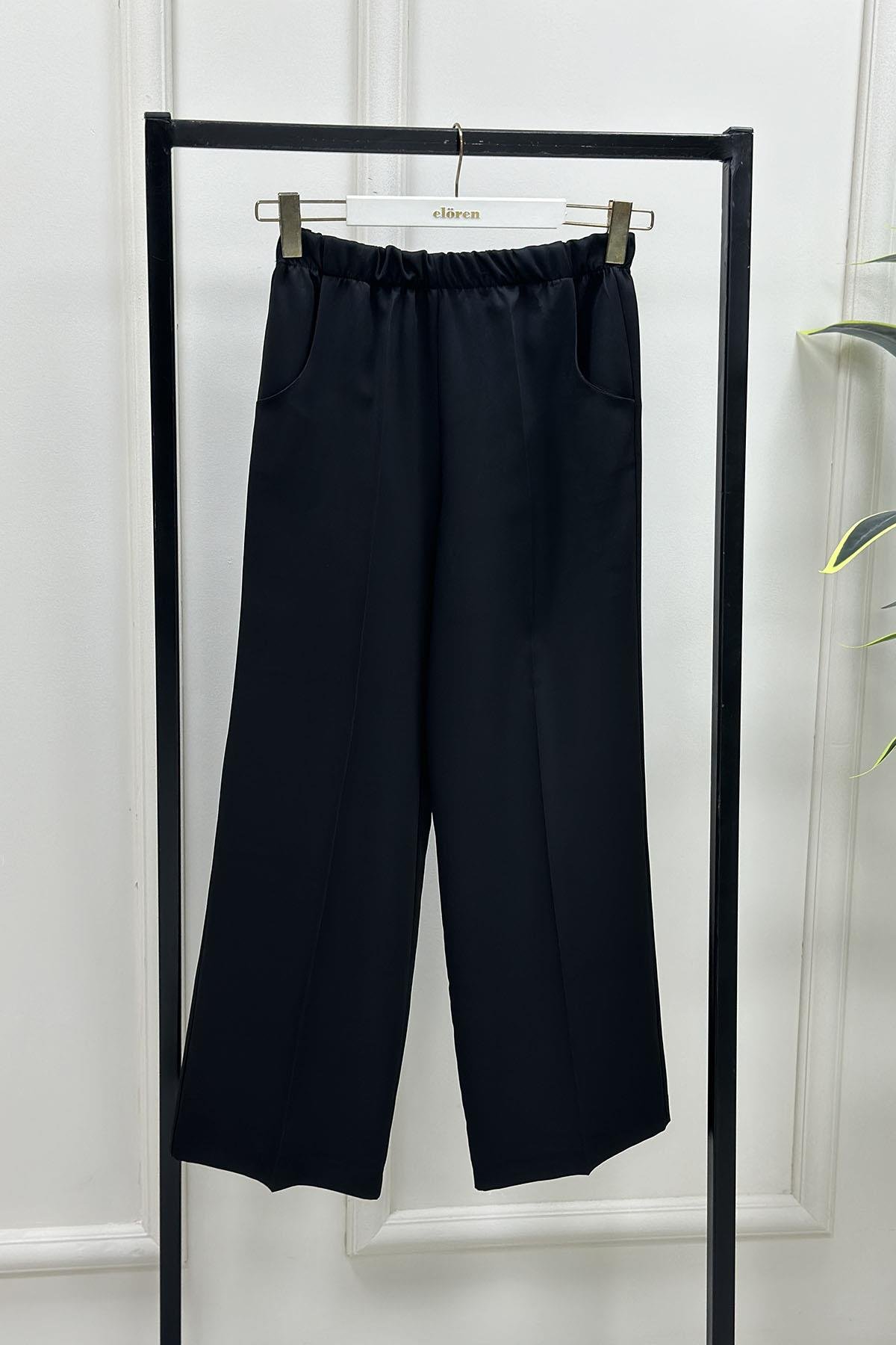 Tesettür PantolonEsmira Beli Lastikli Bol Paça Cepli Kadın Pantolon Siyah ESM 1301