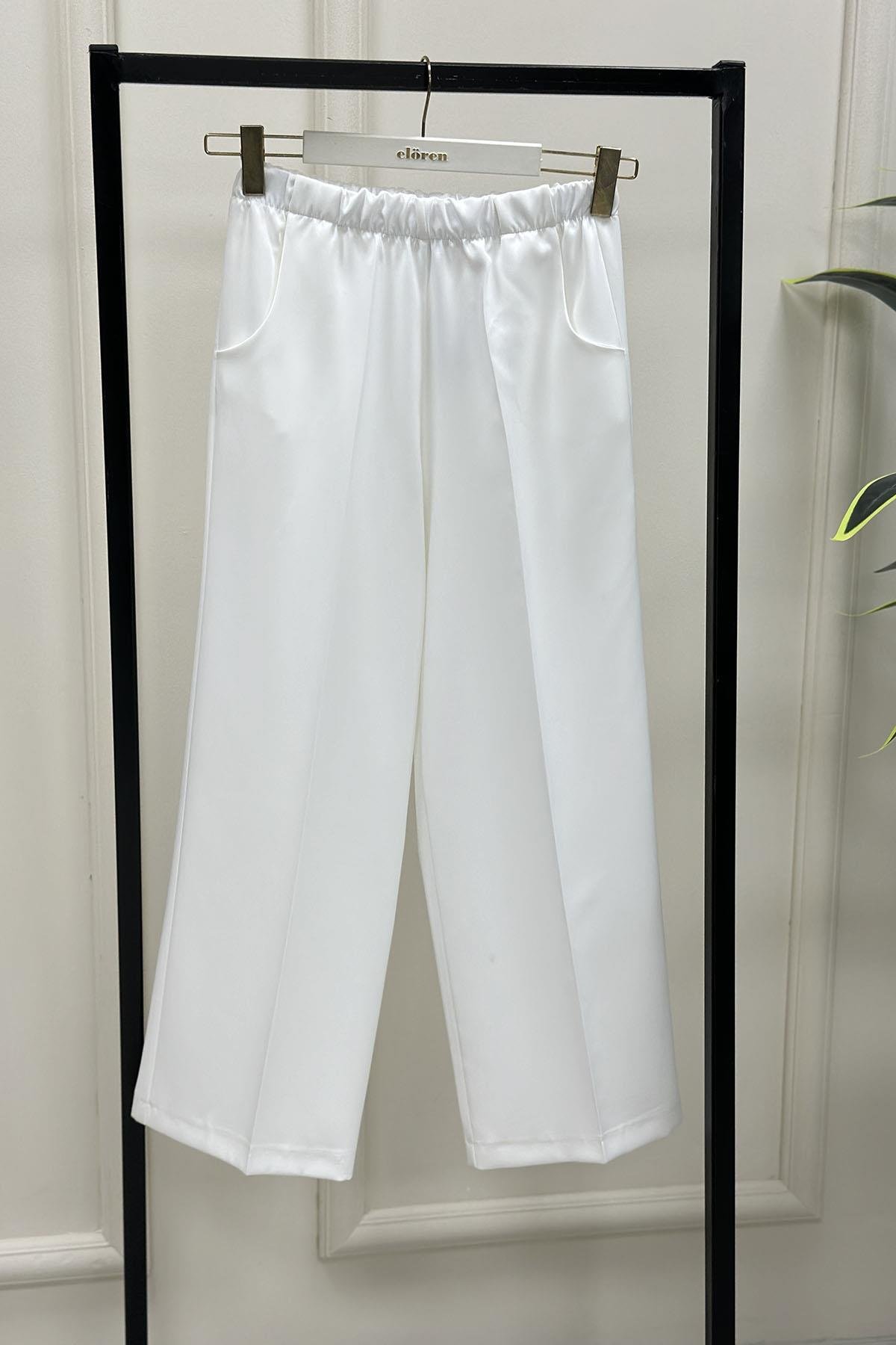 Tesettür PantolonEsmira Beli Lastikli Bol Paça Cepli Kadın Pantolon Beyaz ESM 1301